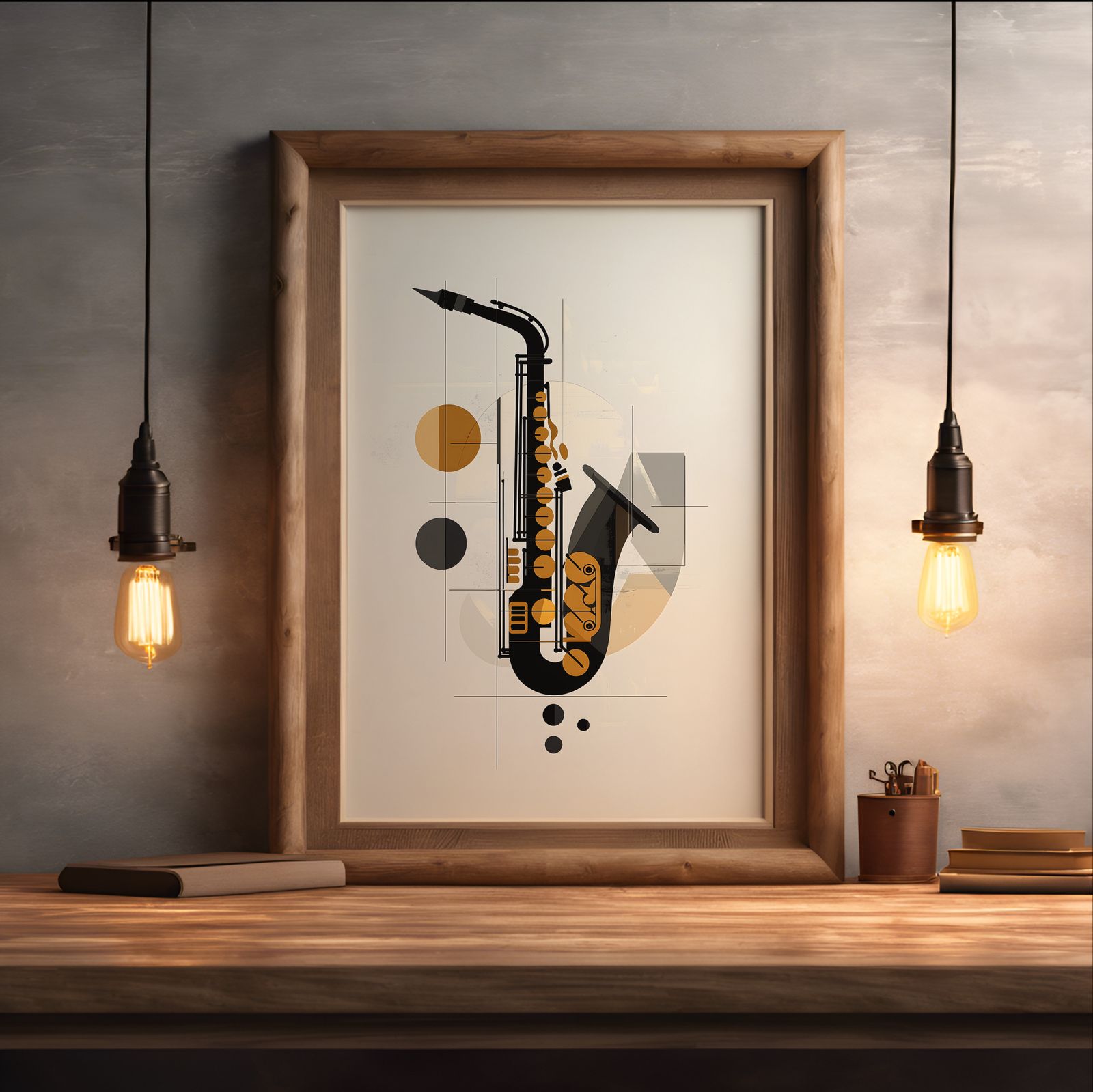 Ensemble: Saxophone shown in a room — desk mockup
