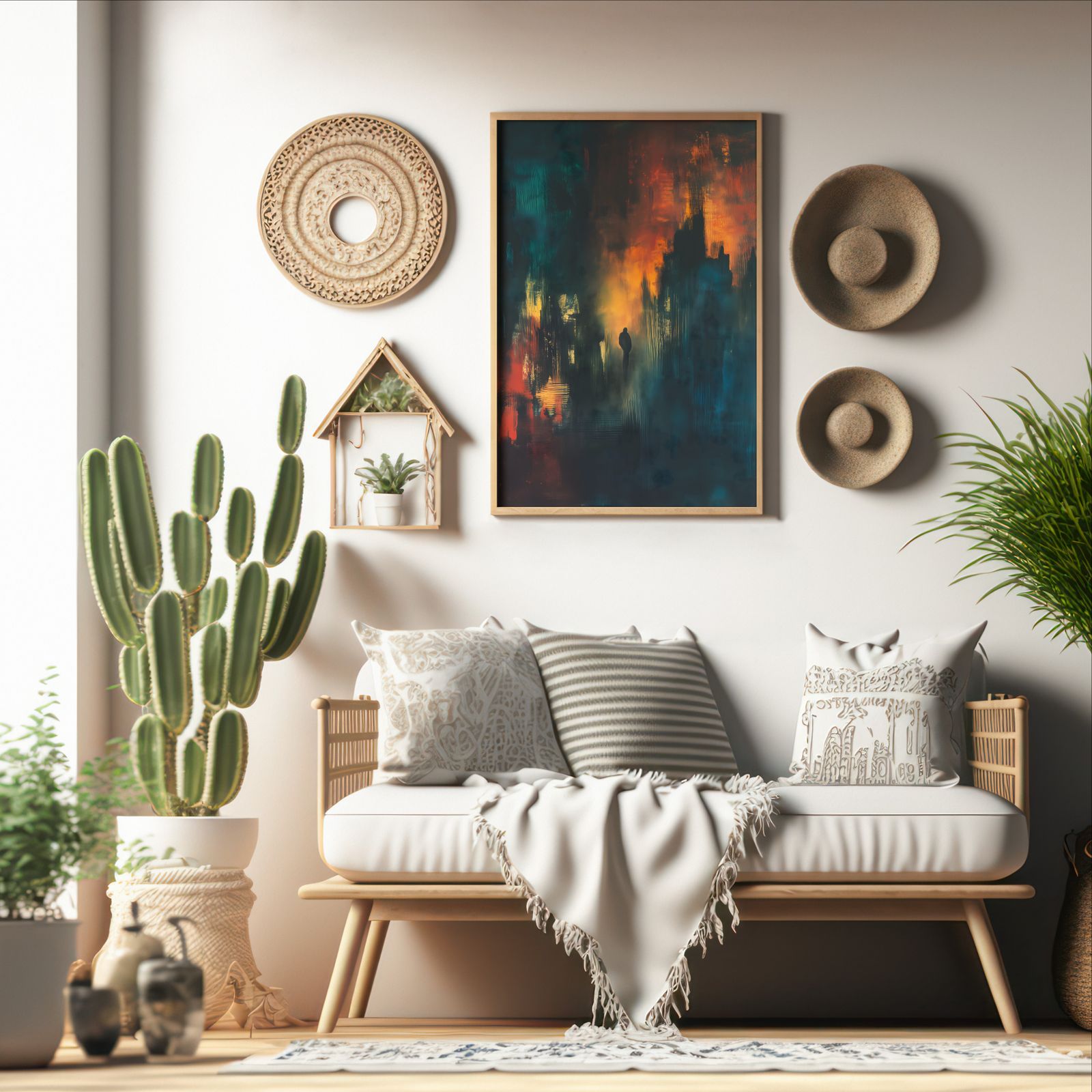 Approaching the City shown in a room — boho mockup