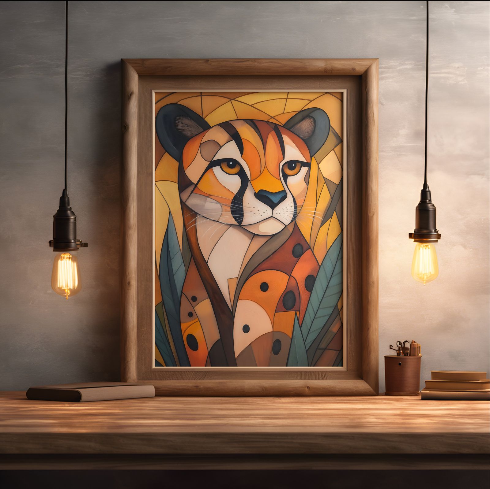 Art Deco Cheetah shown in a room — desk mockup