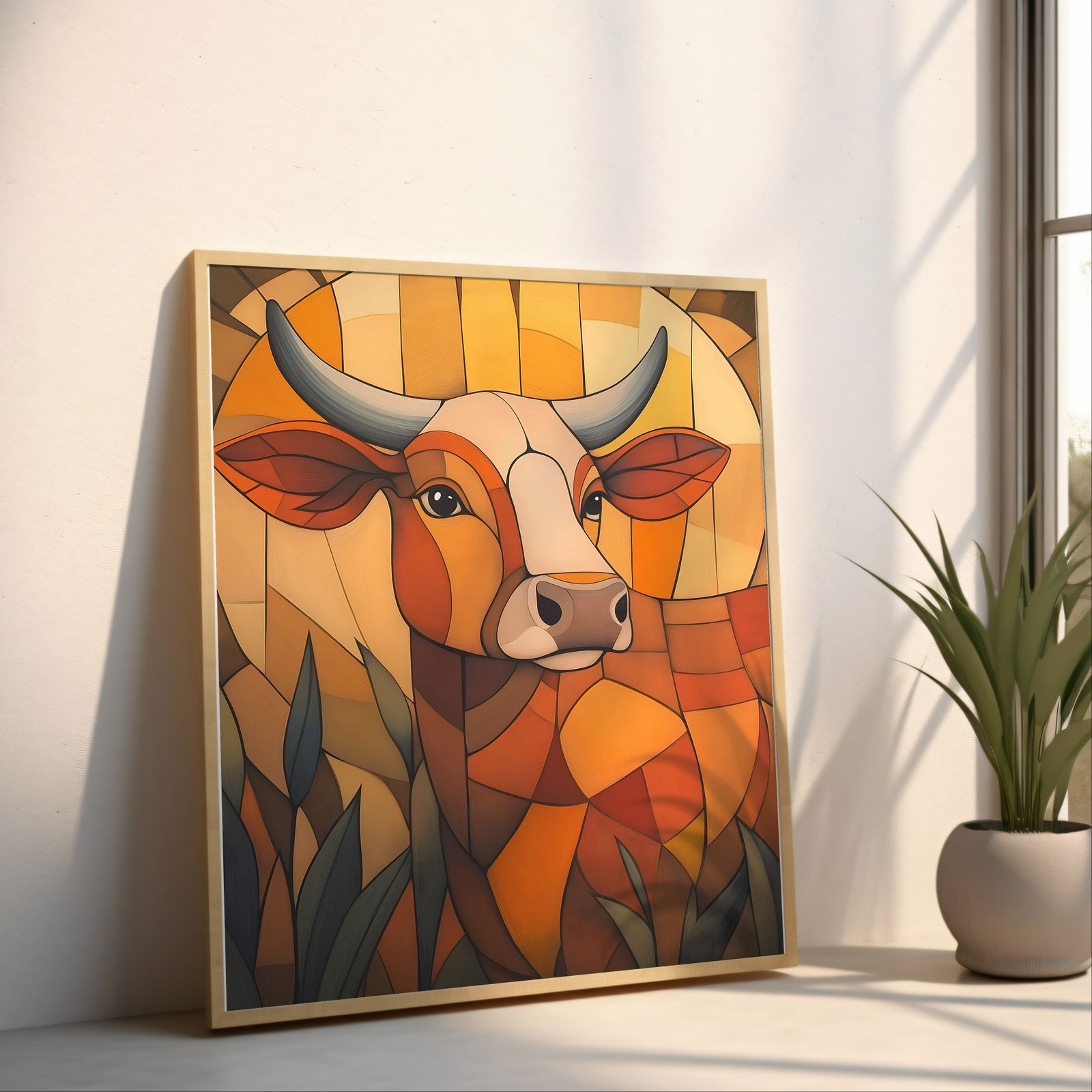 Art Deco Cow shown in a room — angled mockup