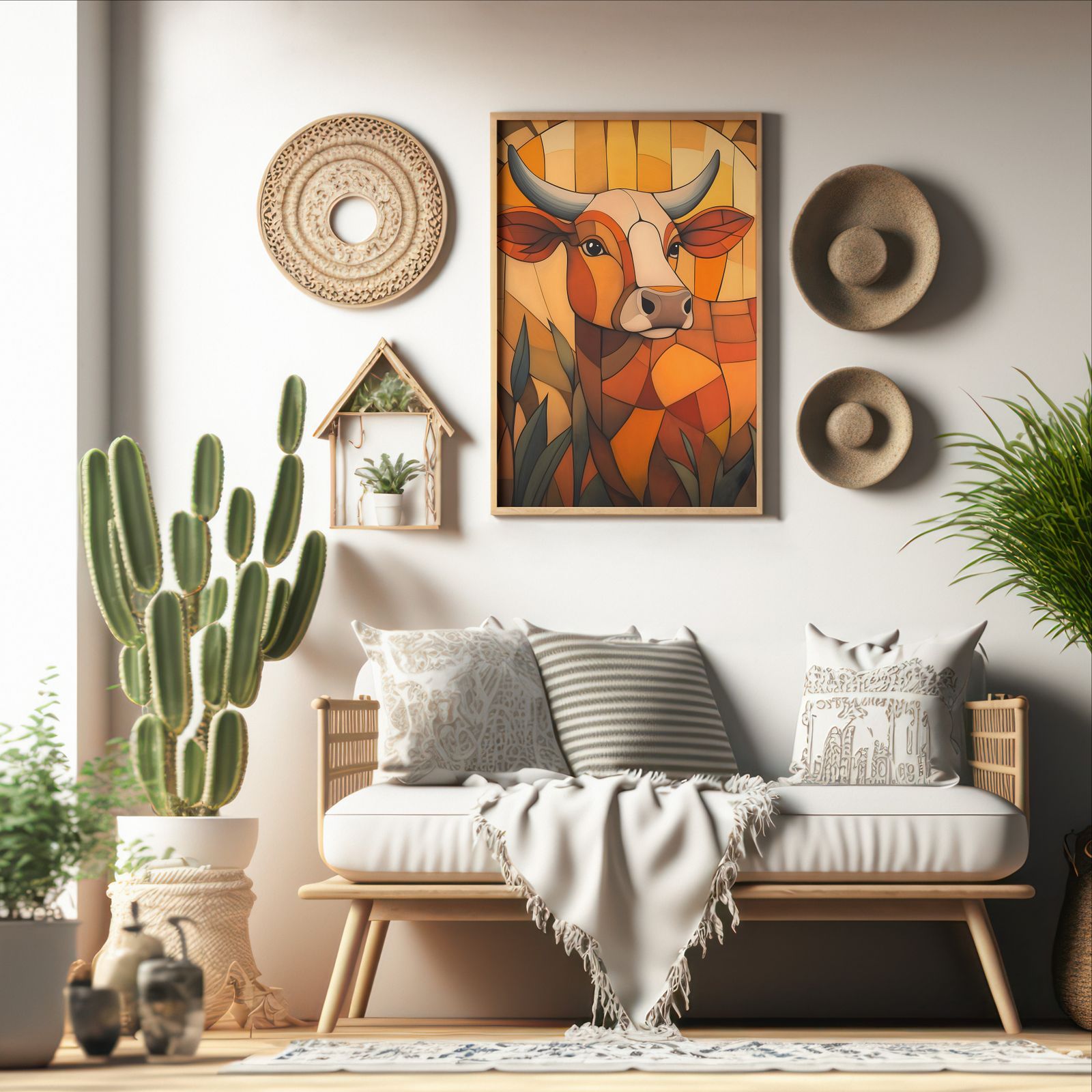 Art Deco Cow shown in a room — boho mockup