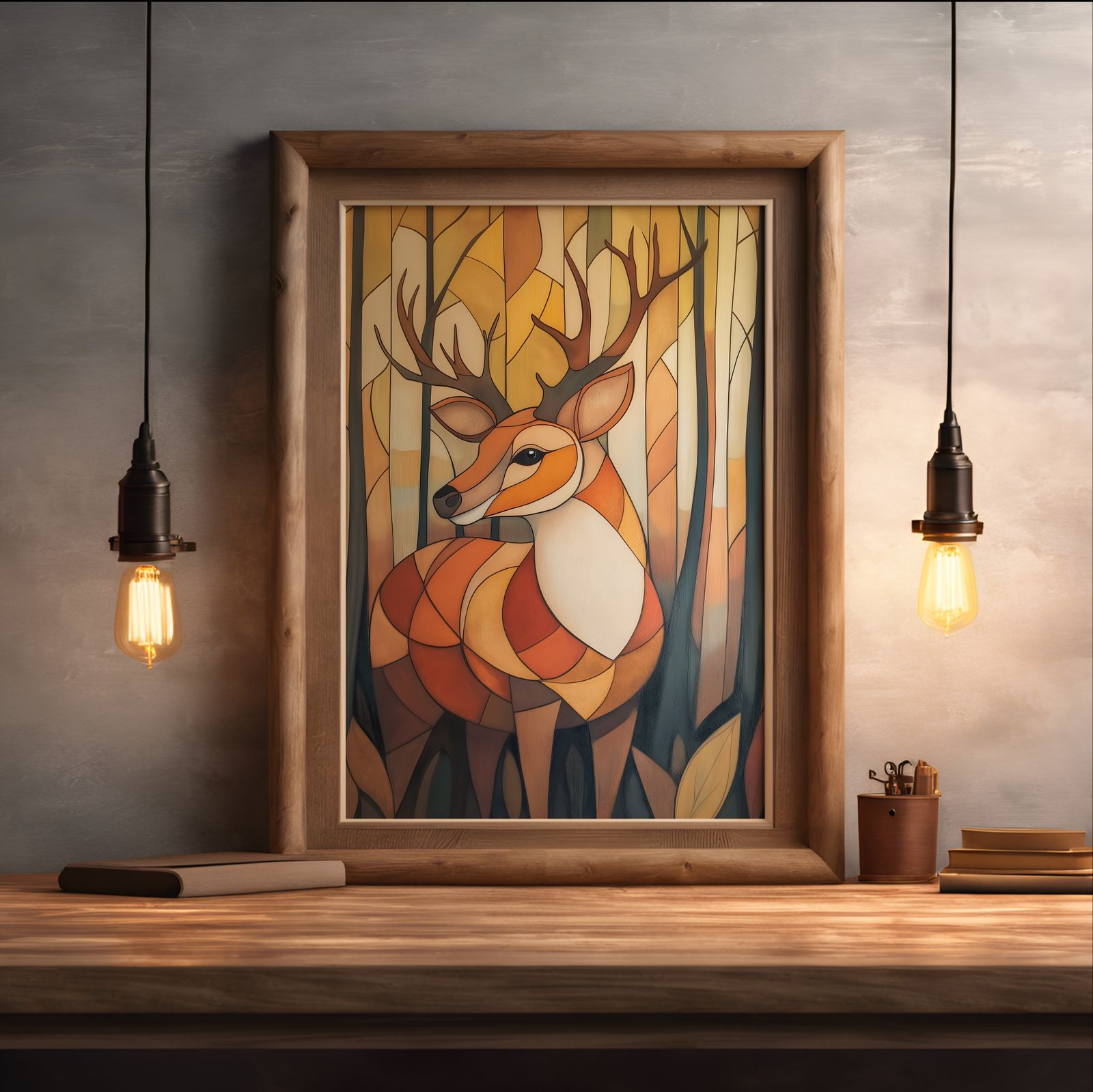 Art Deco Deer shown in a room — desk mockup