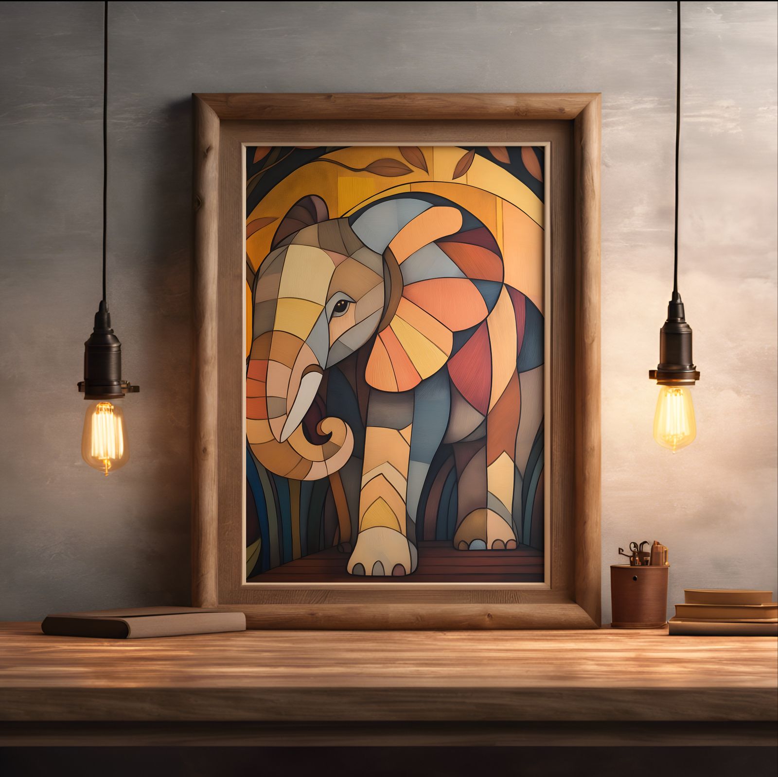 Art Deco Elephant shown in a room — desk mockup
