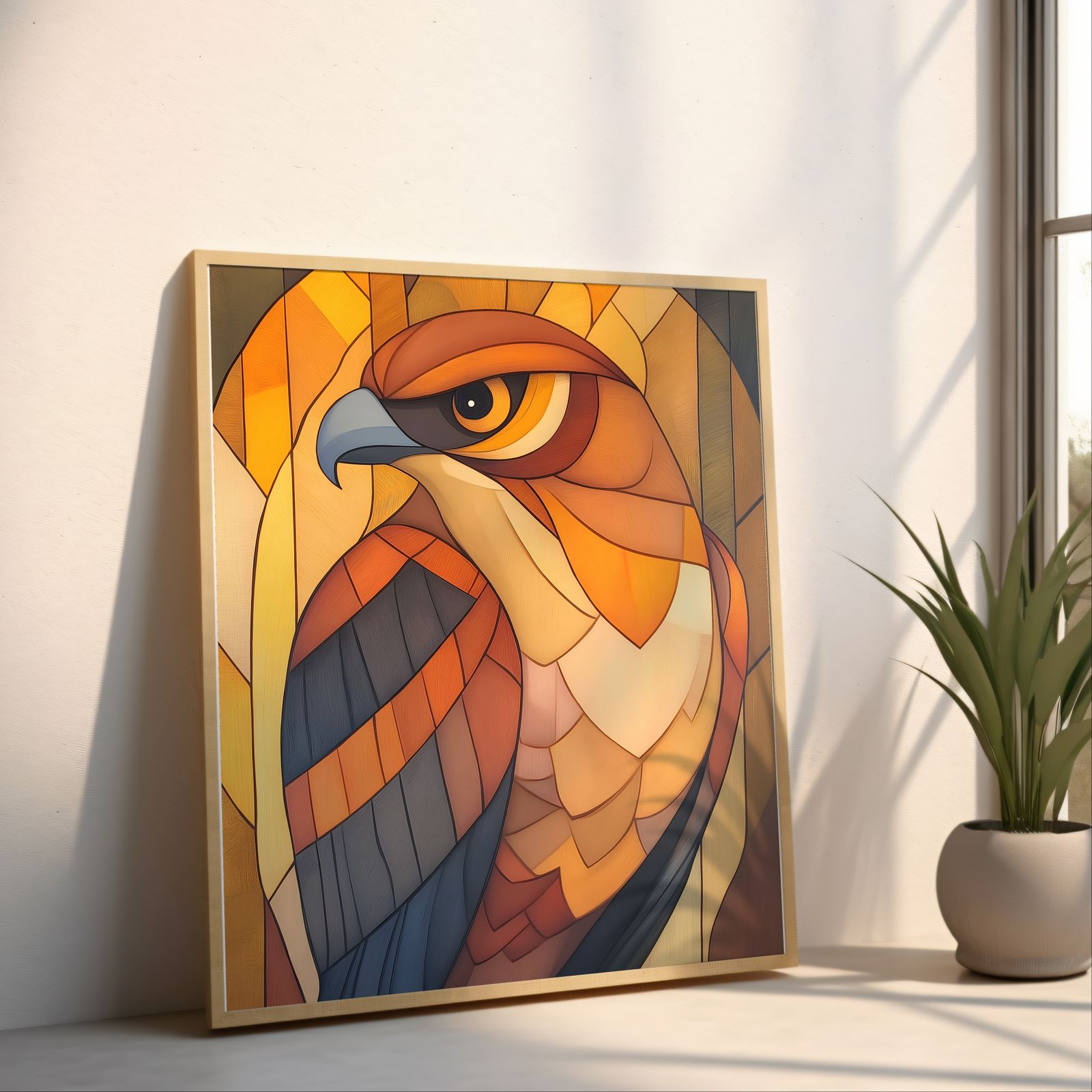 Art Deco Hawk shown in a room — angled mockup