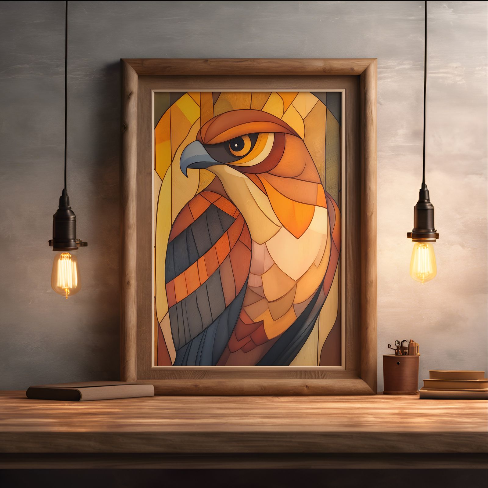 Art Deco Hawk shown in a room — desk mockup