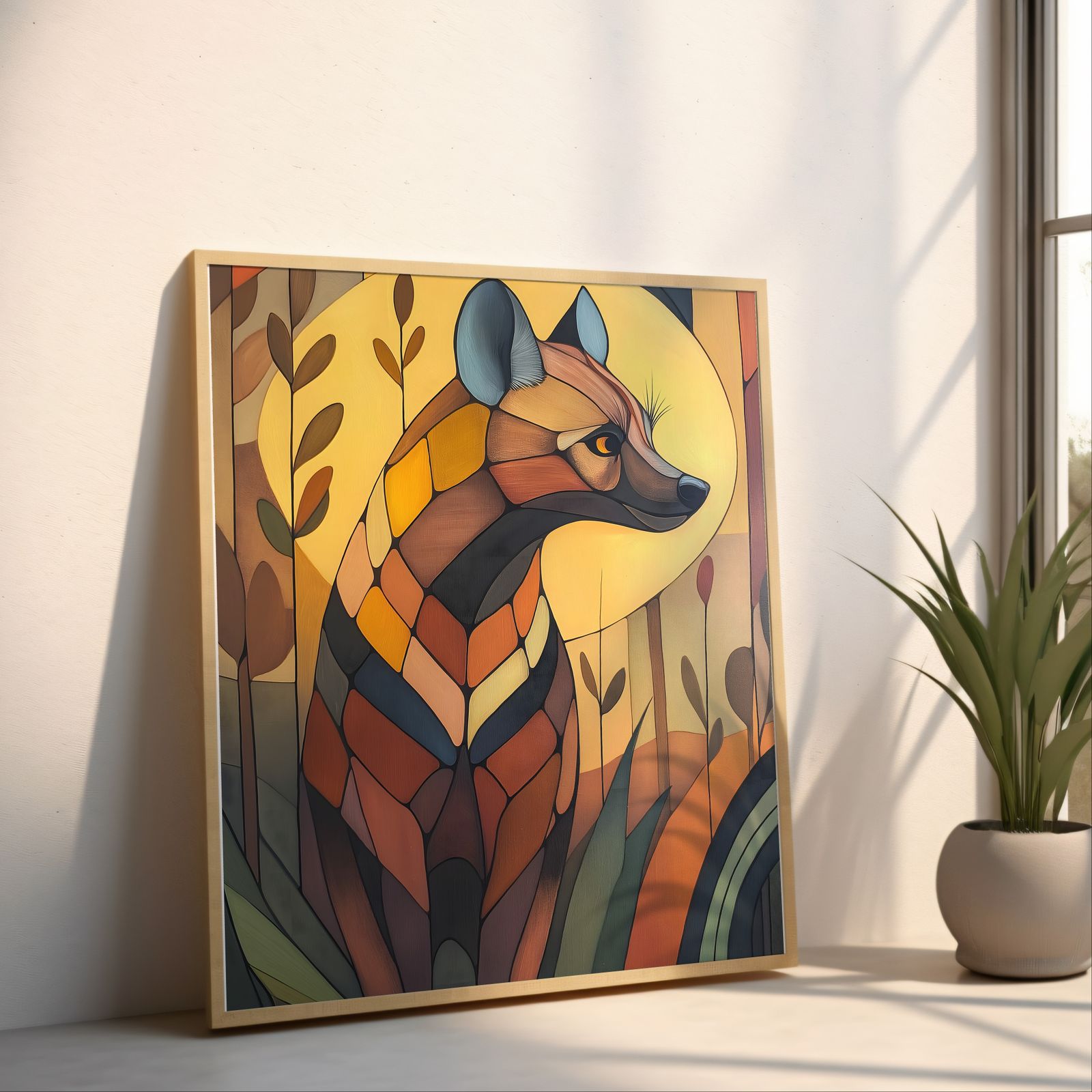 Art Deco Hyena shown in a room — angled mockup