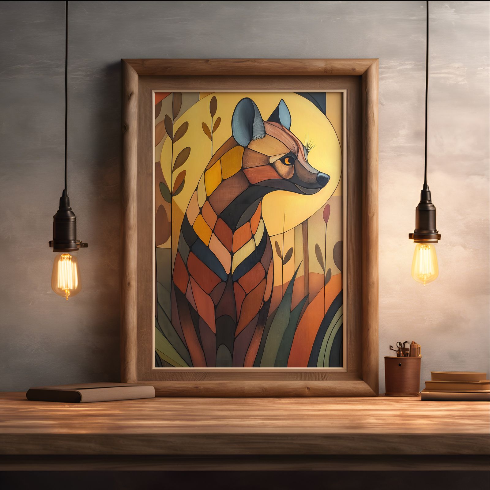 Art Deco Hyena shown in a room — desk mockup