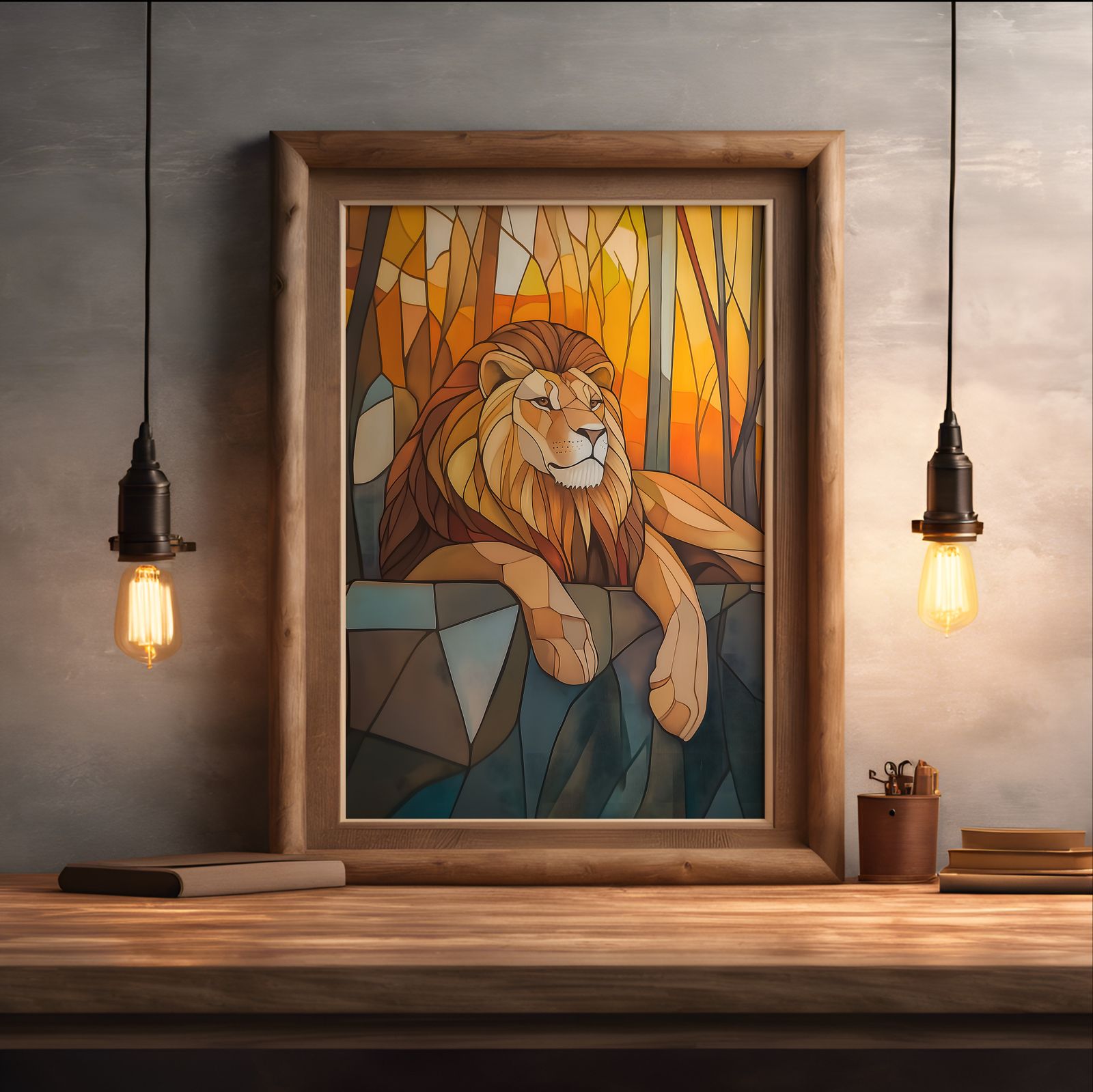 Art Deco Lion shown in a room — desk mockup
