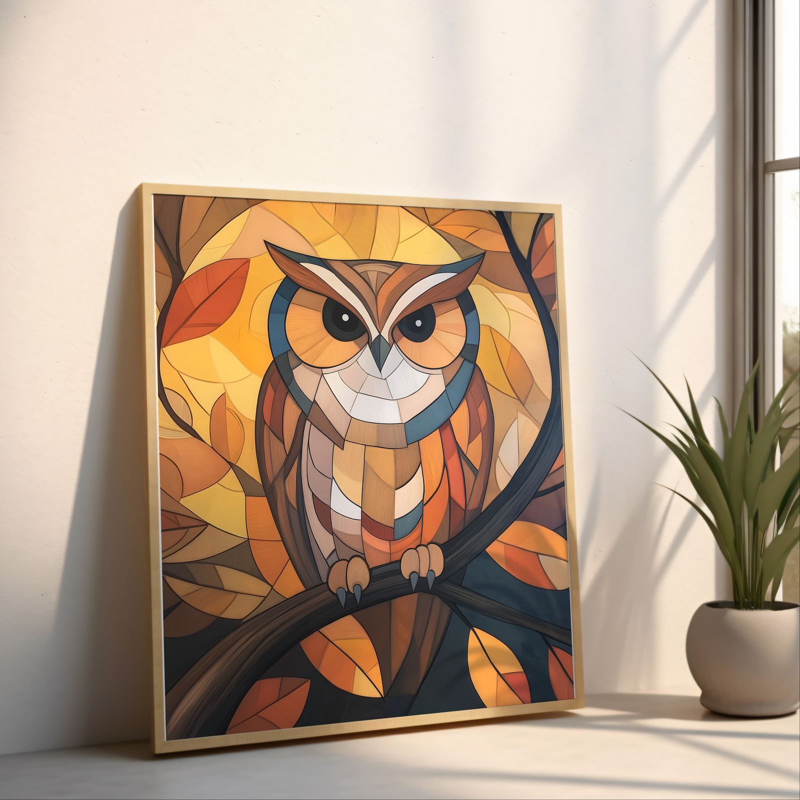 Art Deco Owl shown in a room — angled mockup