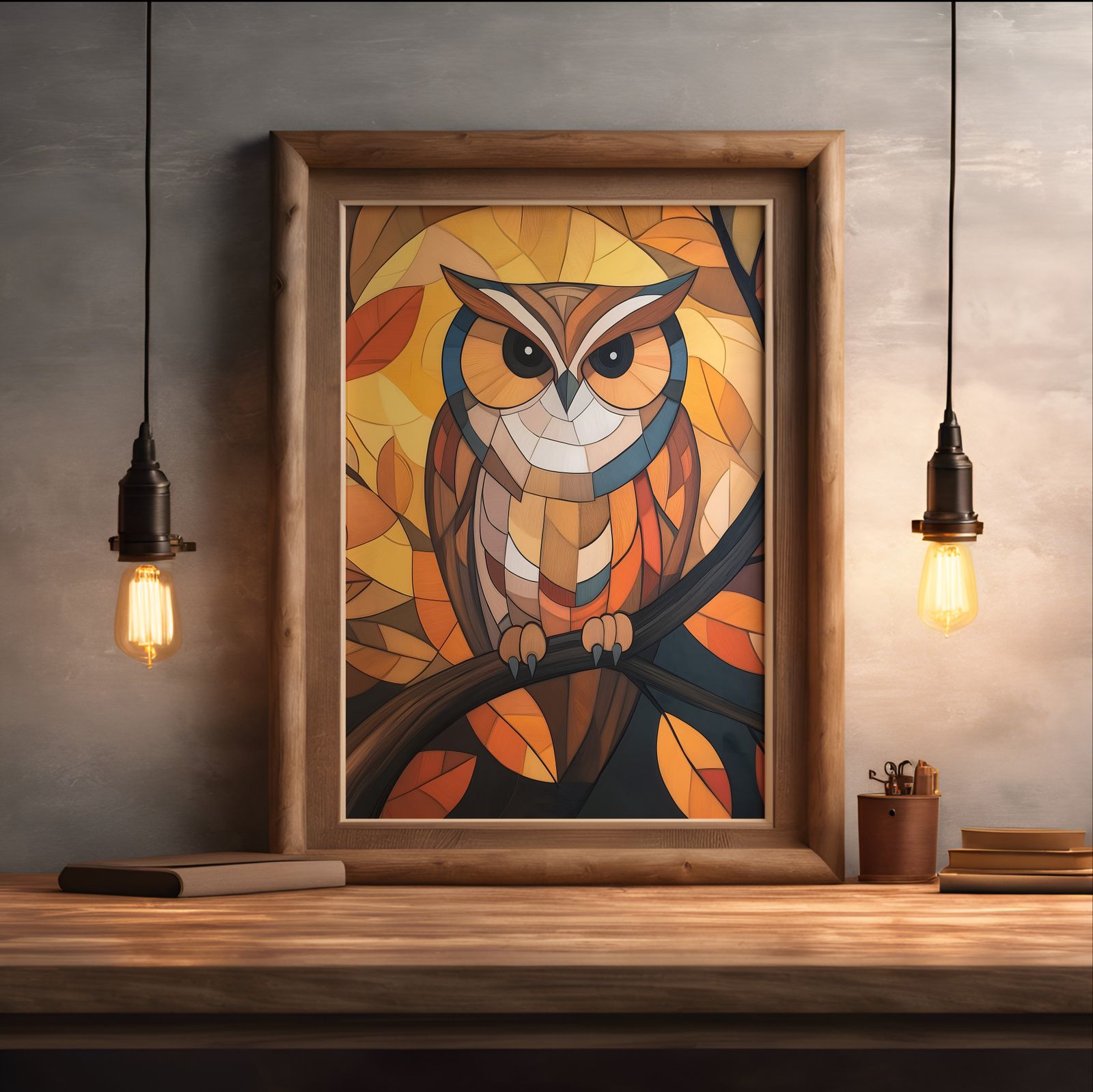 Art Deco Owl shown in a room — desk mockup
