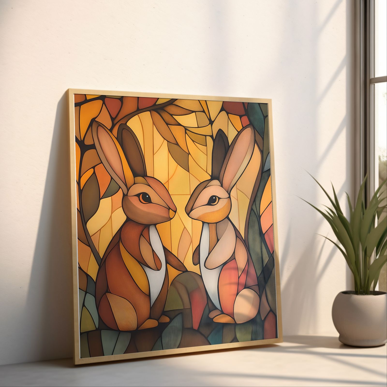 Art Deco Rabbits shown in a room — angled mockup