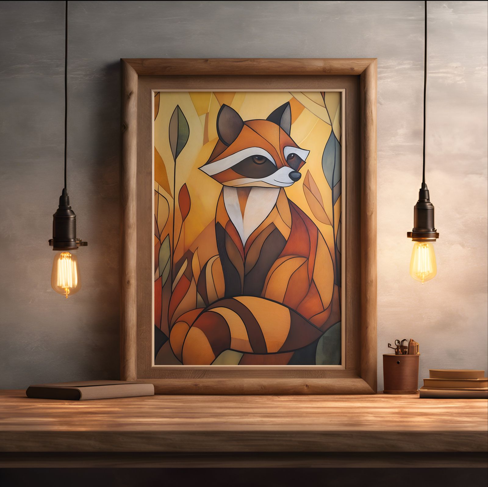 Art Deco Raccoon shown in a room — desk mockup