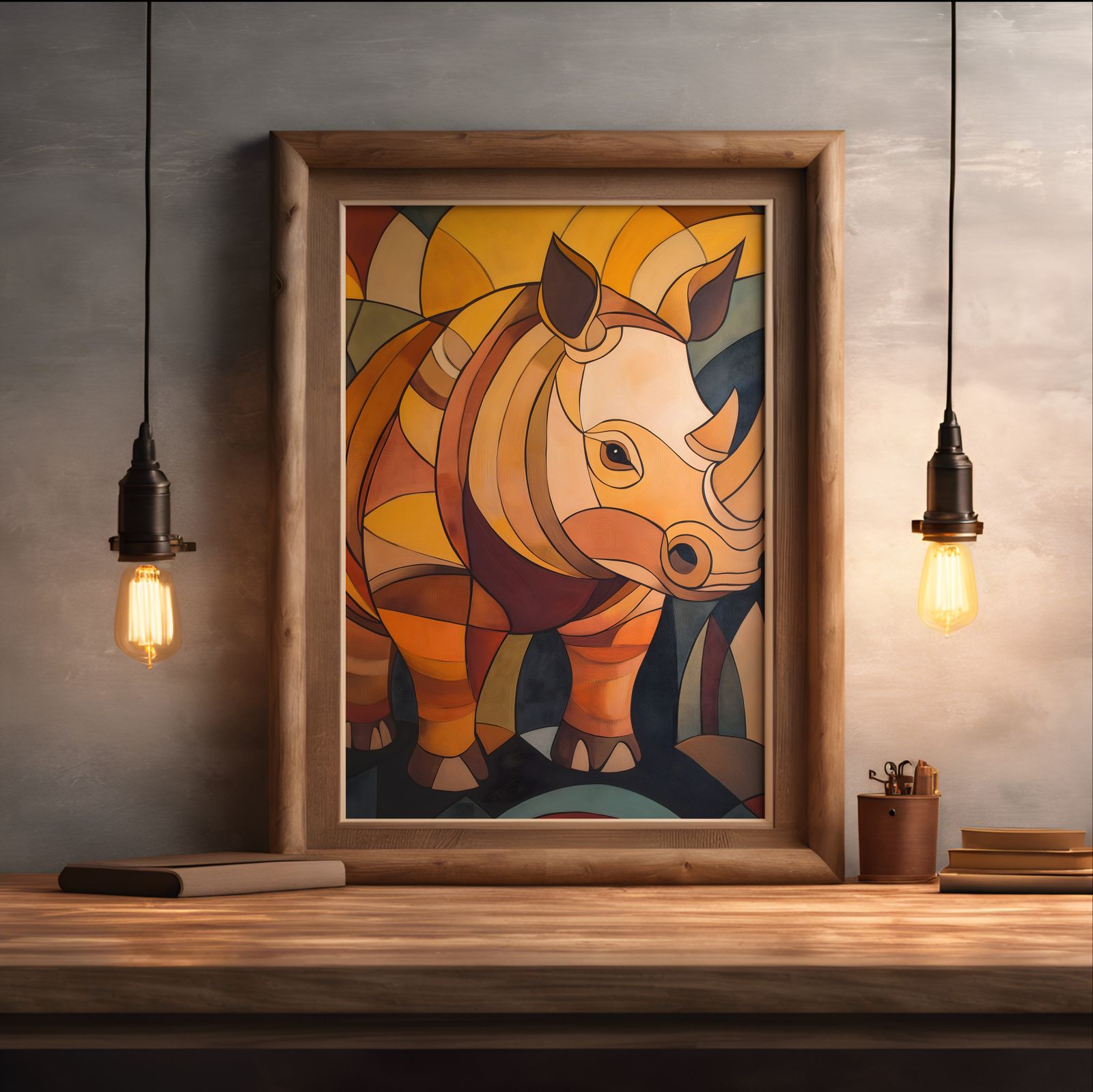 Art Deco Rhino shown in a room — desk mockup