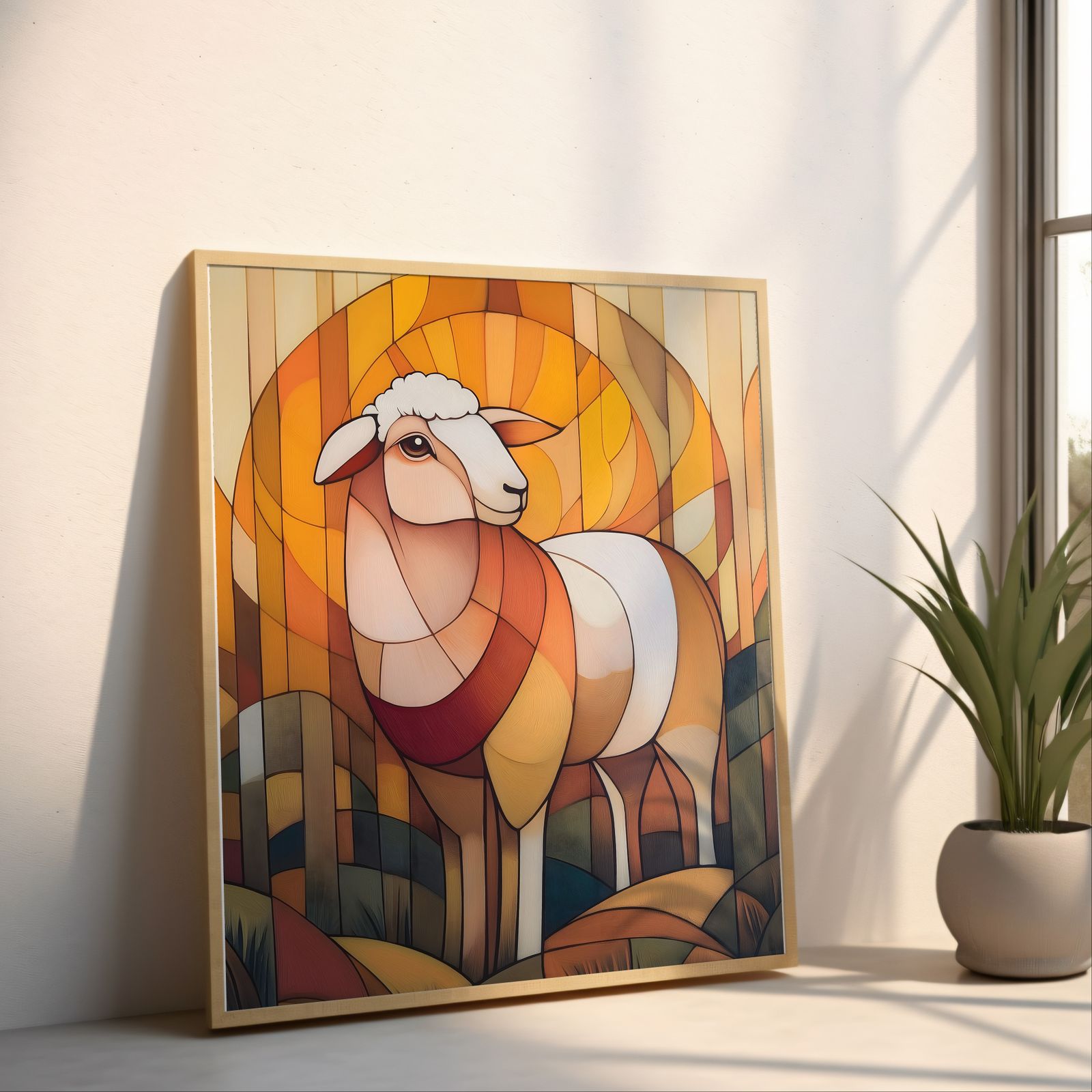 Art Deco Sheep shown in a room — angled mockup
