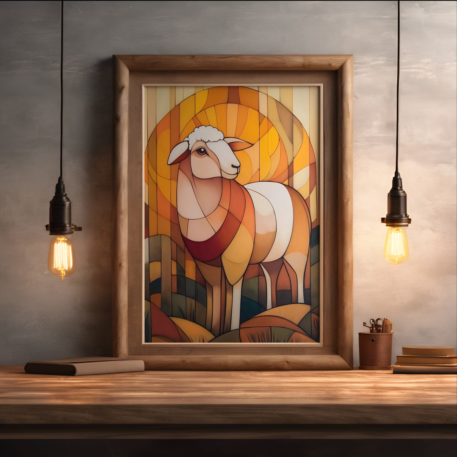 Art Deco Sheep shown in a room — desk mockup