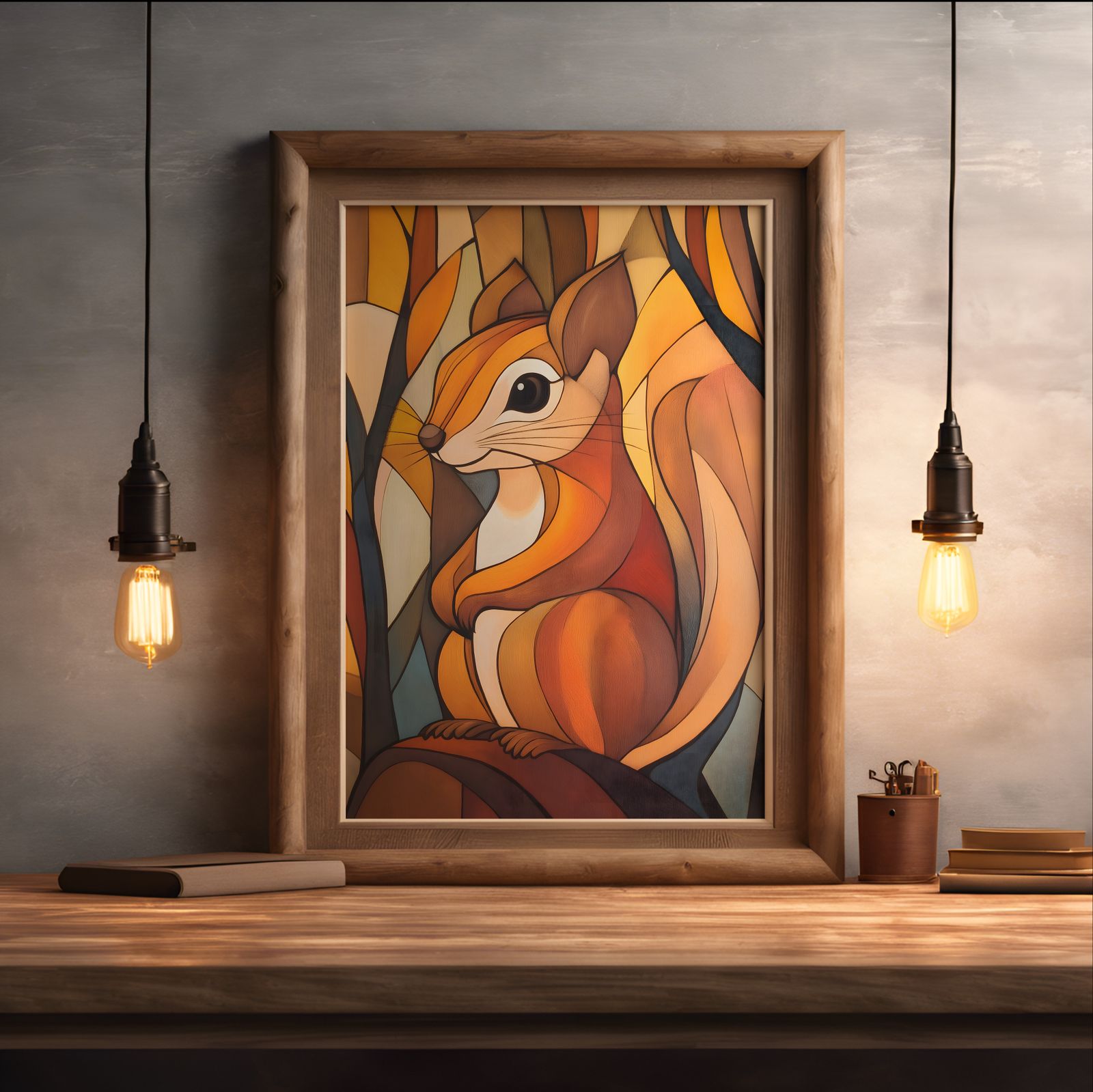 Art Deco Squirrel shown in a room — desk mockup