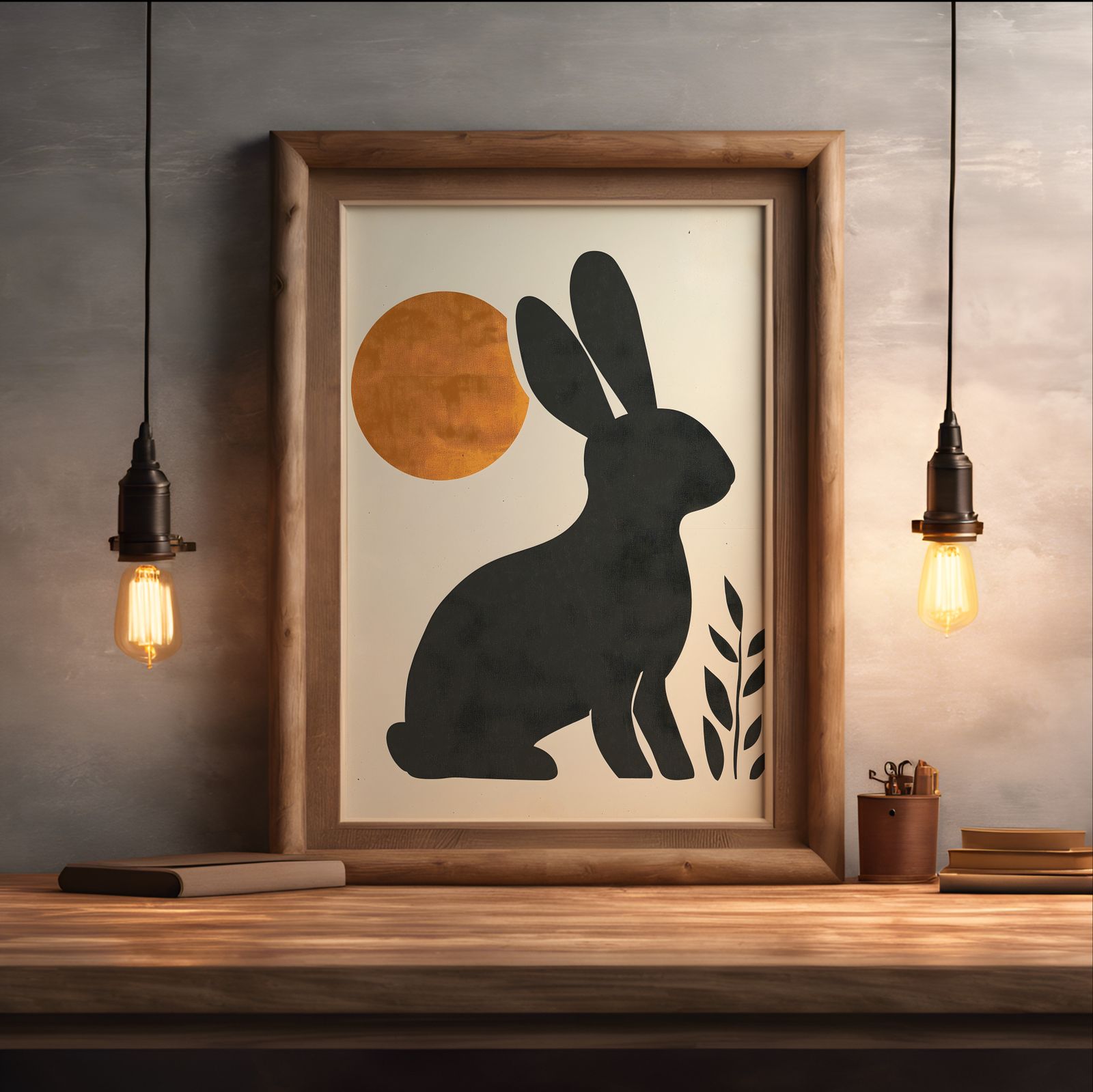 Bauhaus Bunny shown in a room — desk mockup