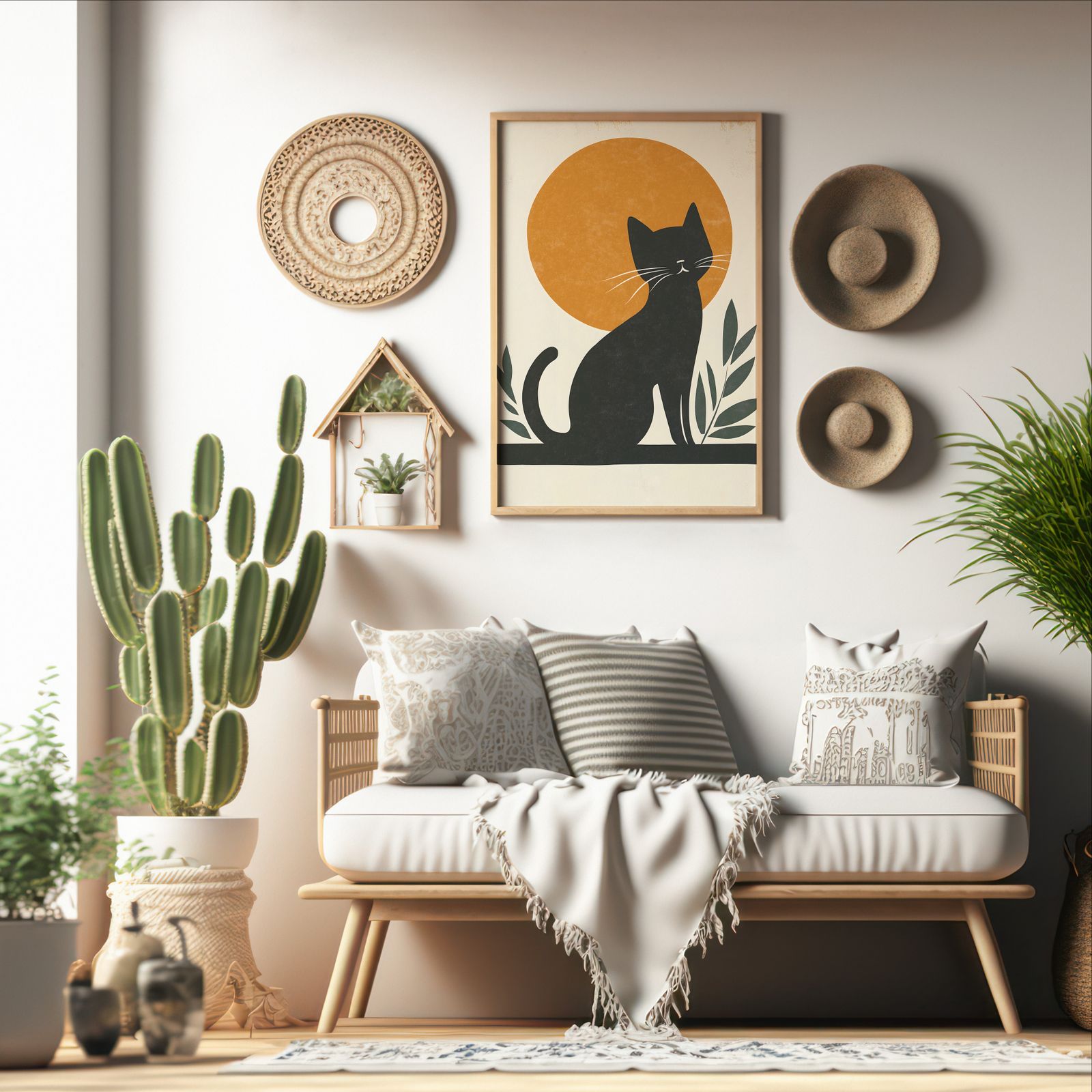 Bauhaus Cat shown in a room — boho mockup