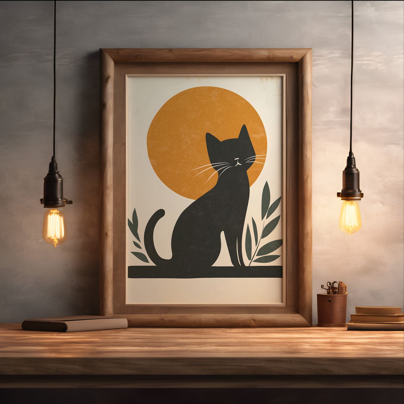Bauhaus Cat shown in a room — desk mockup