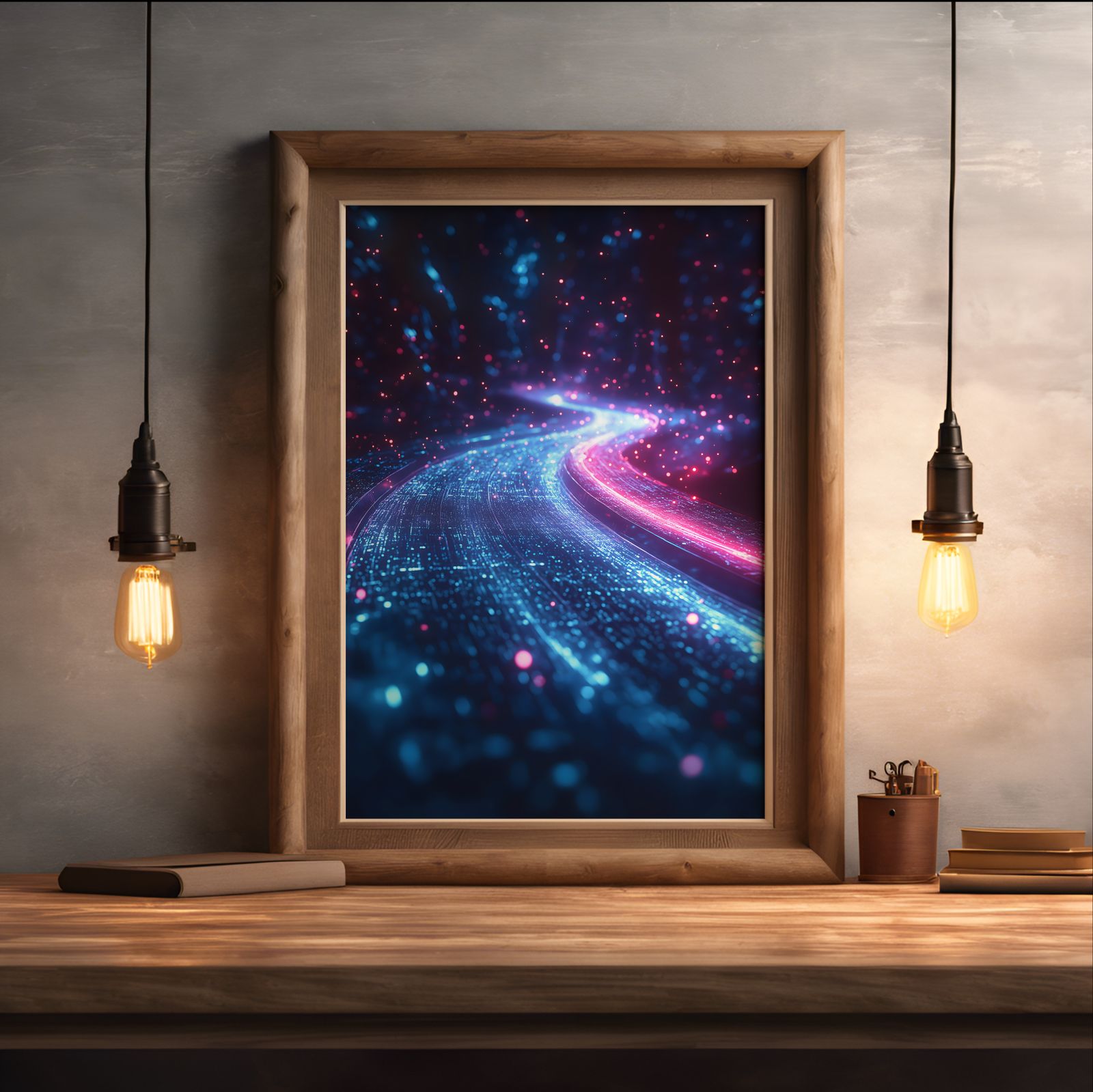 Bits in Motion shown in a room — desk mockup