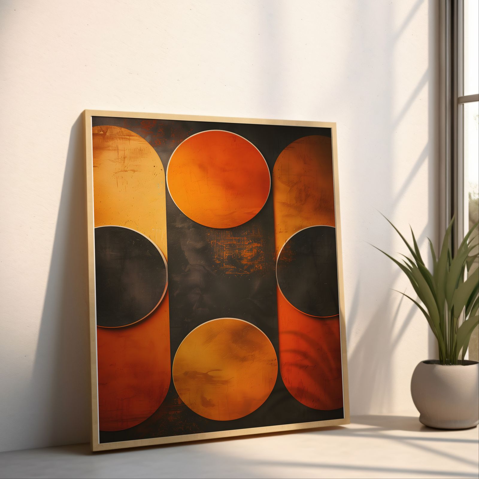 Black and Orange Circles shown in a room — angled mockup