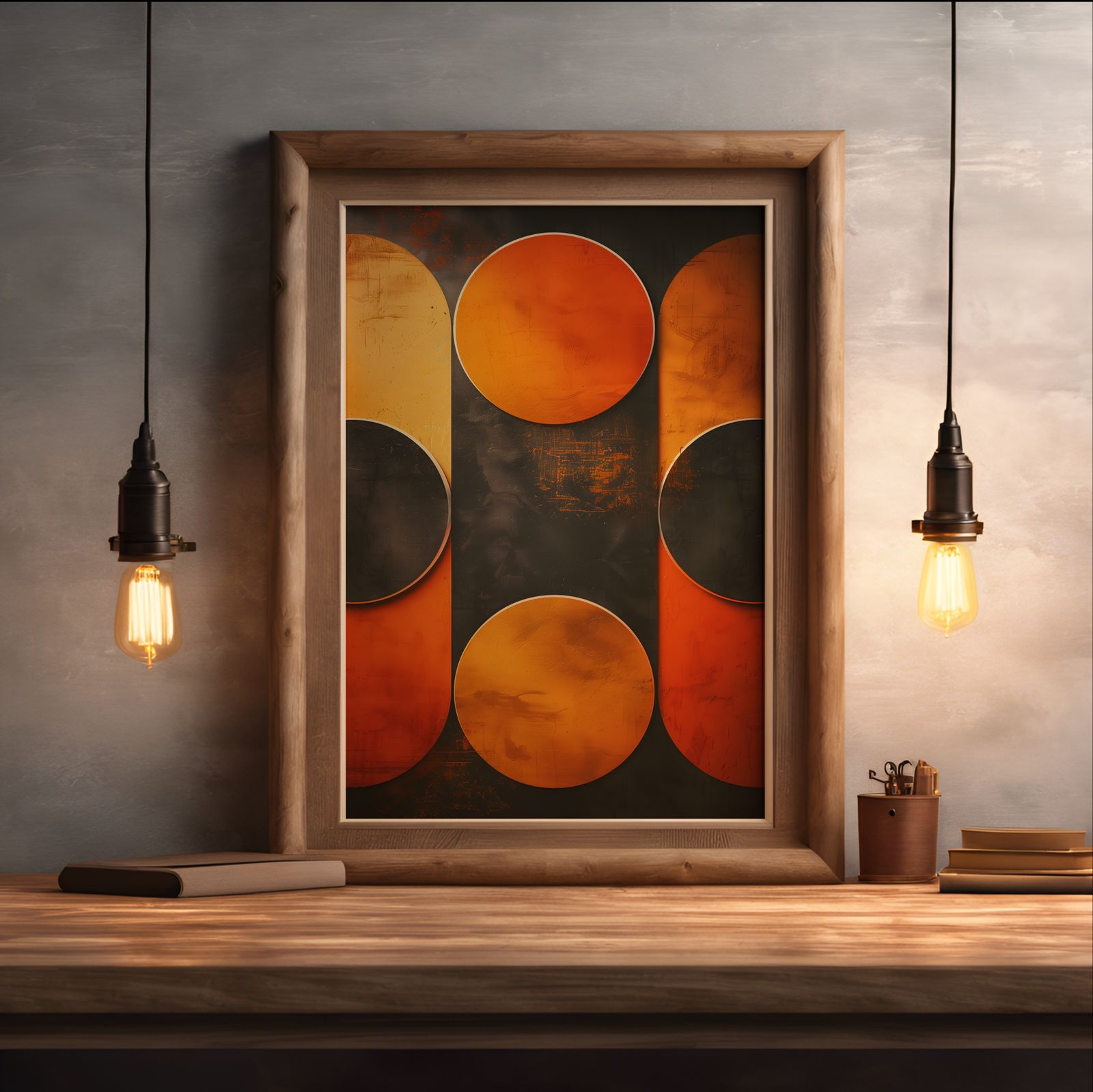 Black and Orange Circles shown in a room — desk mockup