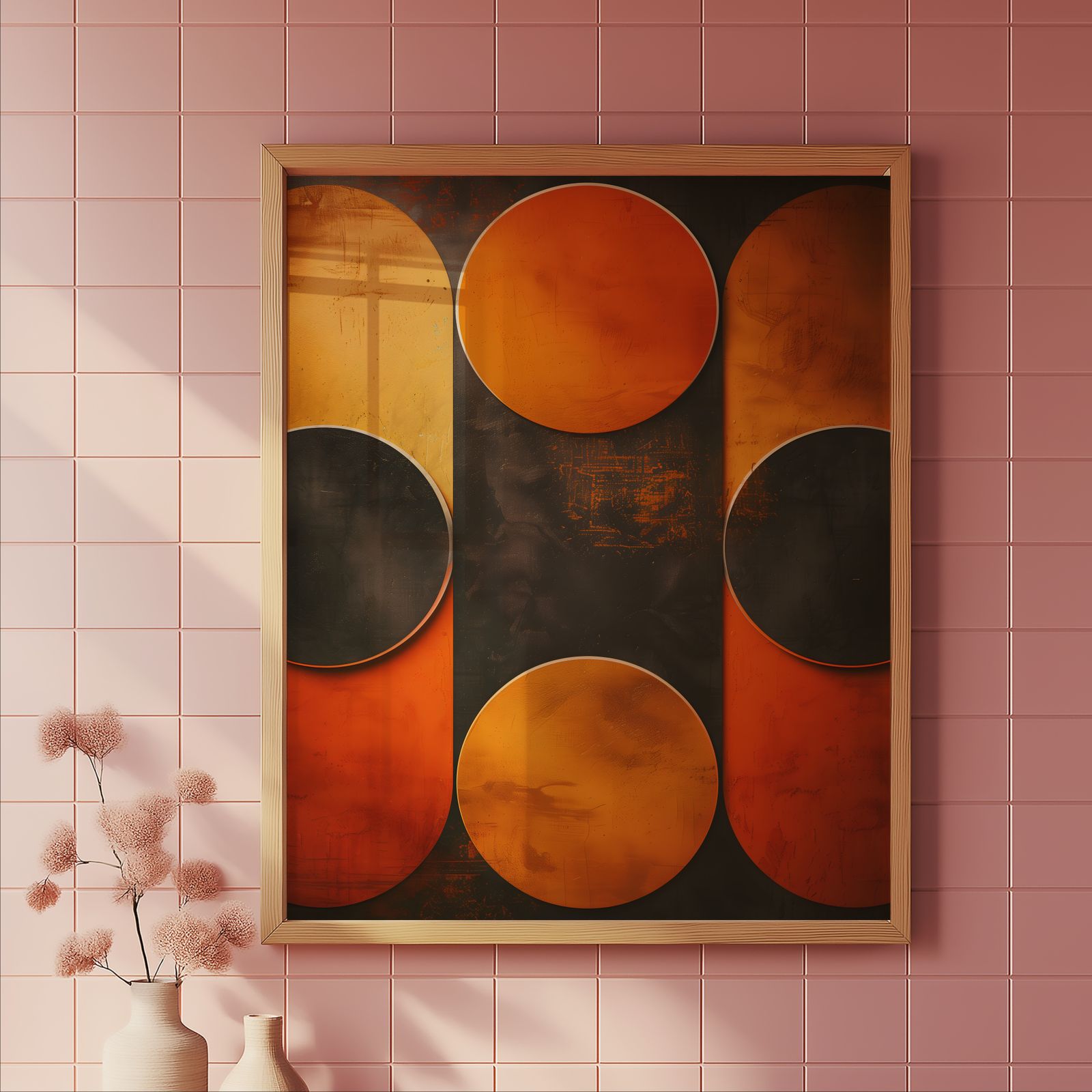Black and Orange Circles shown in a room — tile mockup