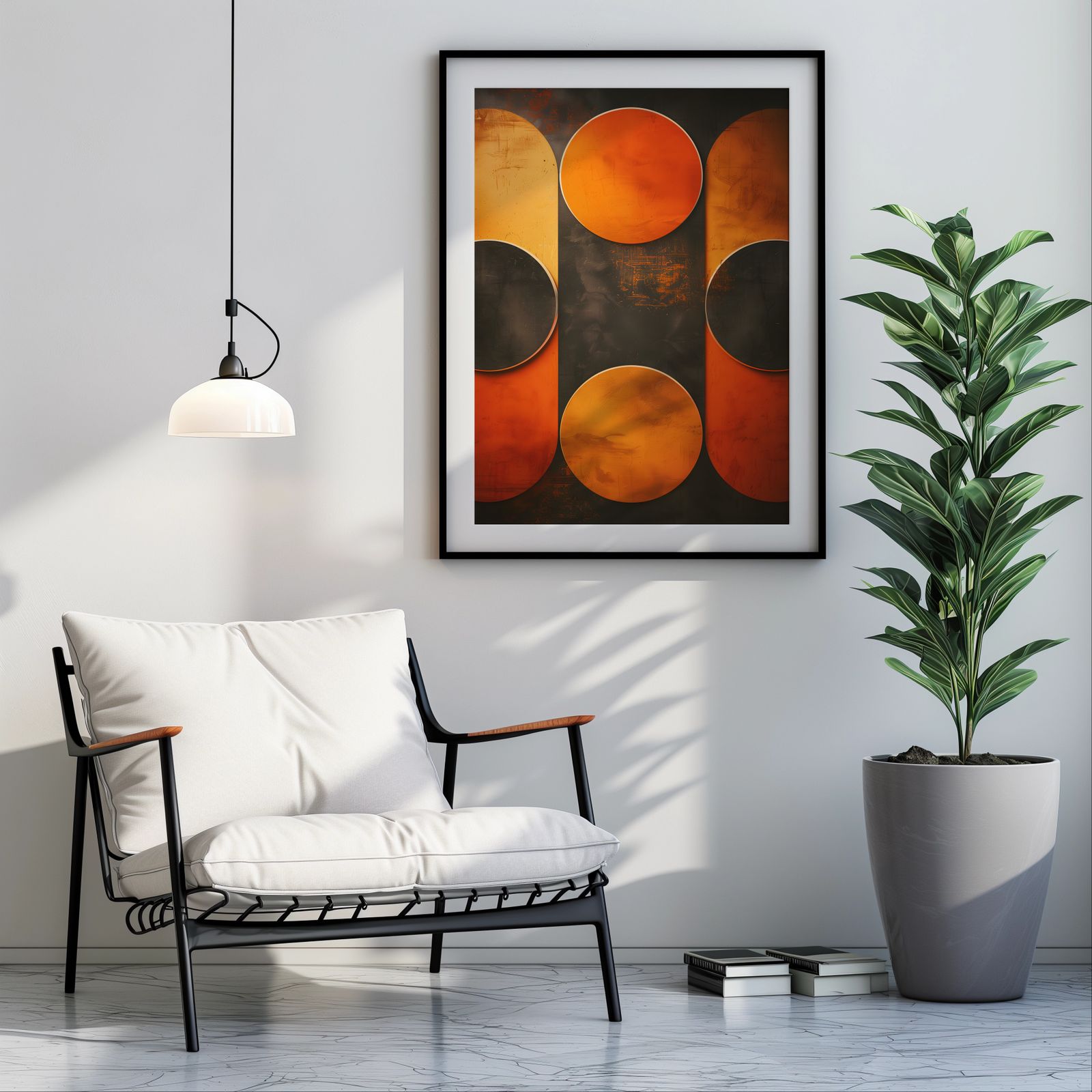 Black and Orange Circles shown in a room — room mockup