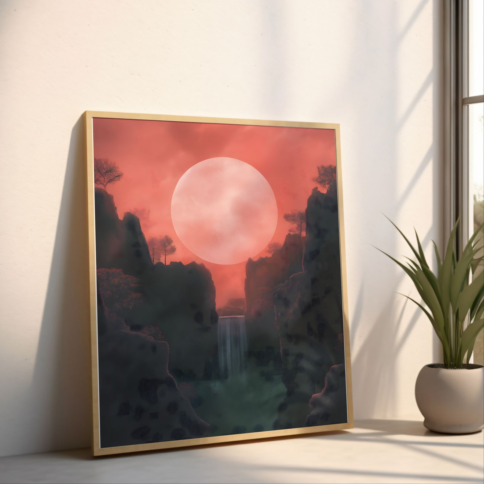 Blood Moon Waterfall shown in a room — angled mockup