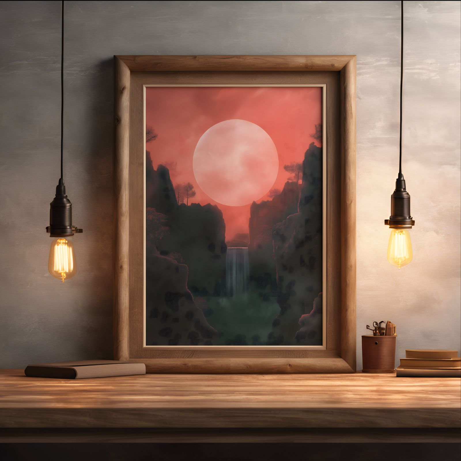 Blood Moon Waterfall shown in a room — desk mockup