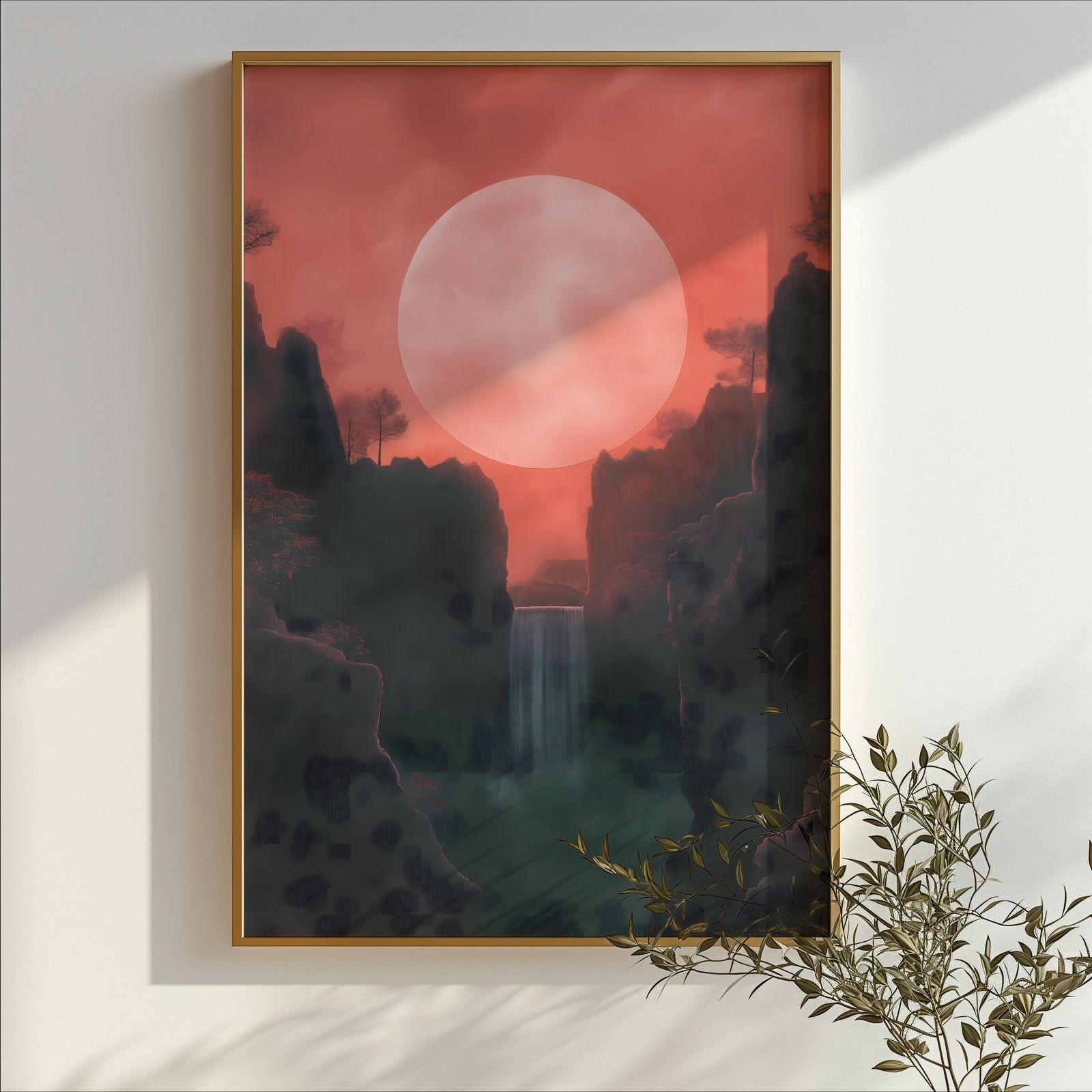Blood Moon Waterfall shown in a room — branch mockup