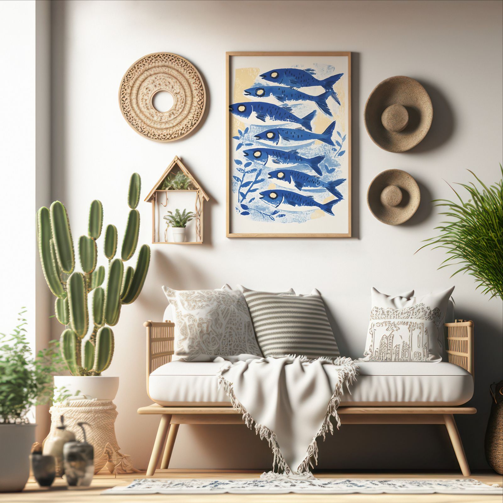 Blue Sardines shown in a room — boho mockup