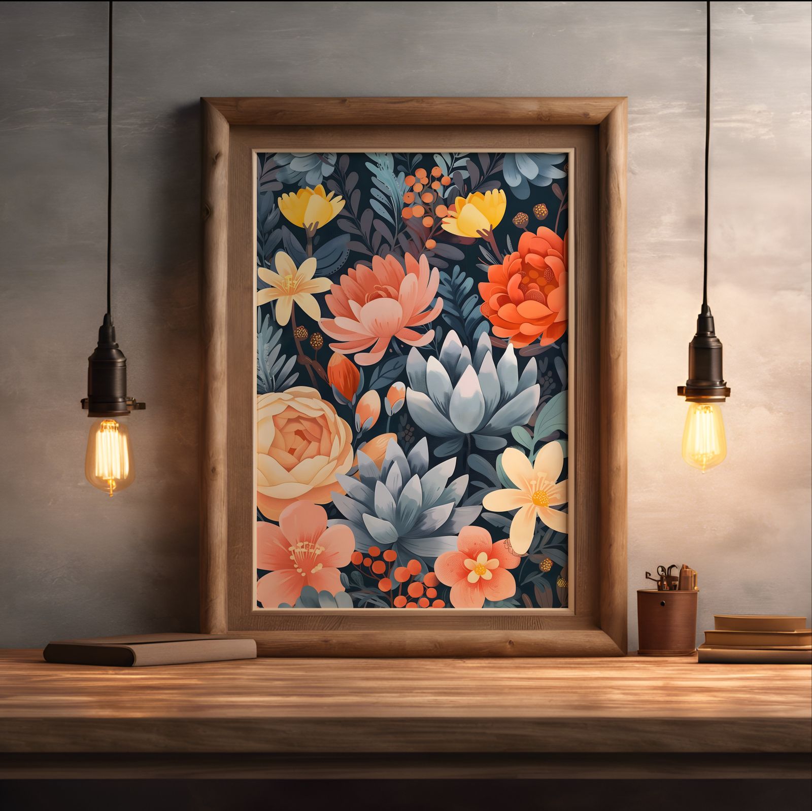 Bold Flowers shown in a room — desk mockup