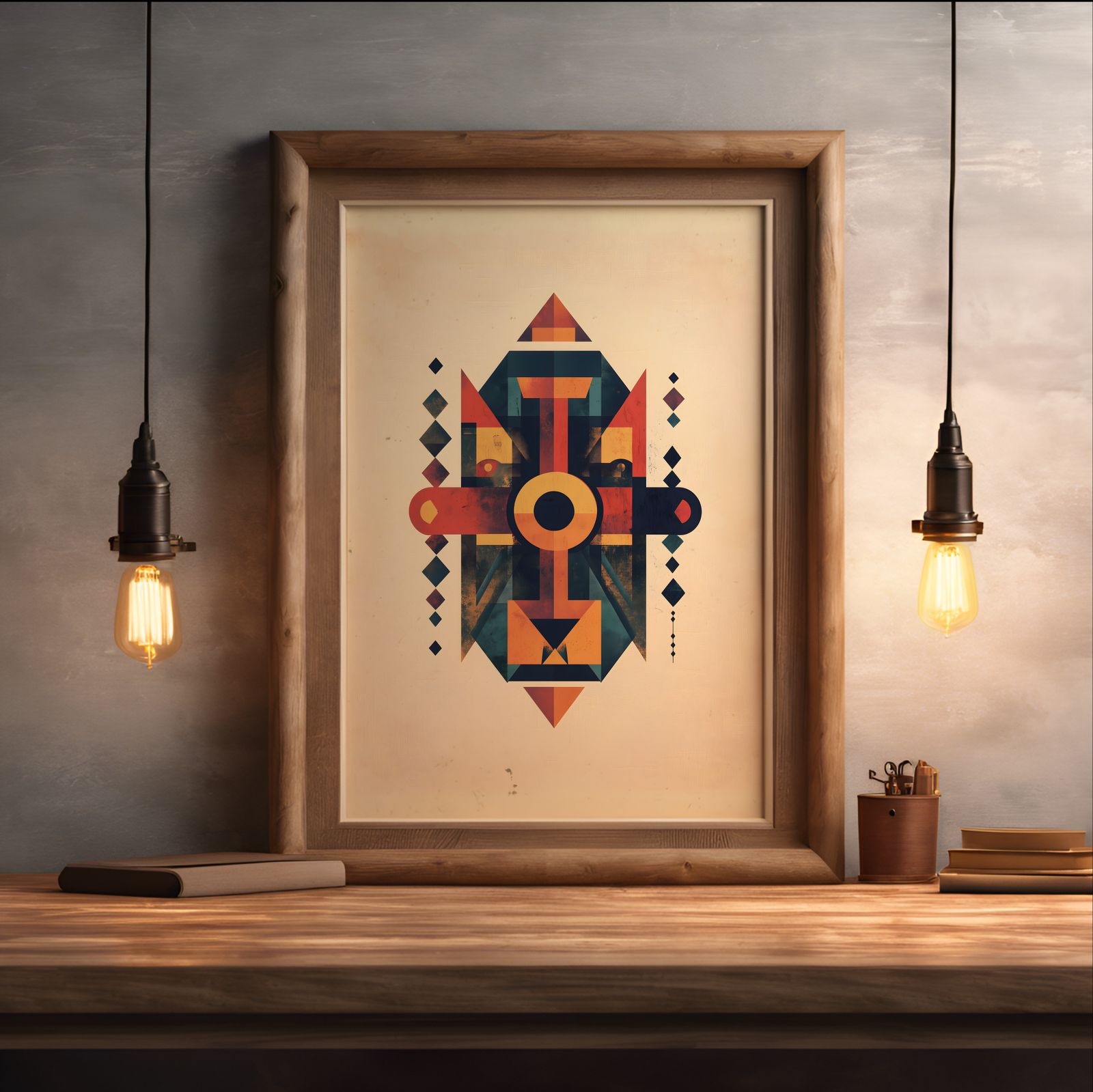Bold Geometric Totem shown in a room — desk mockup