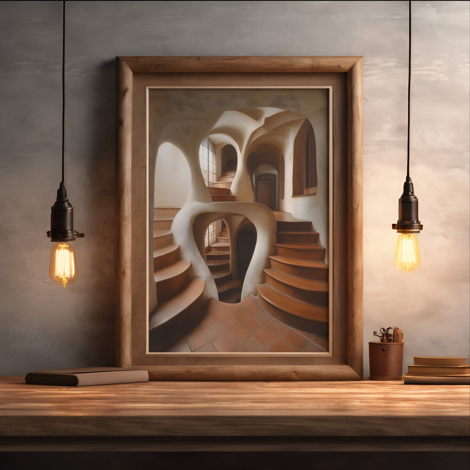 Catacomb Stairs shown in a room — desk mockup