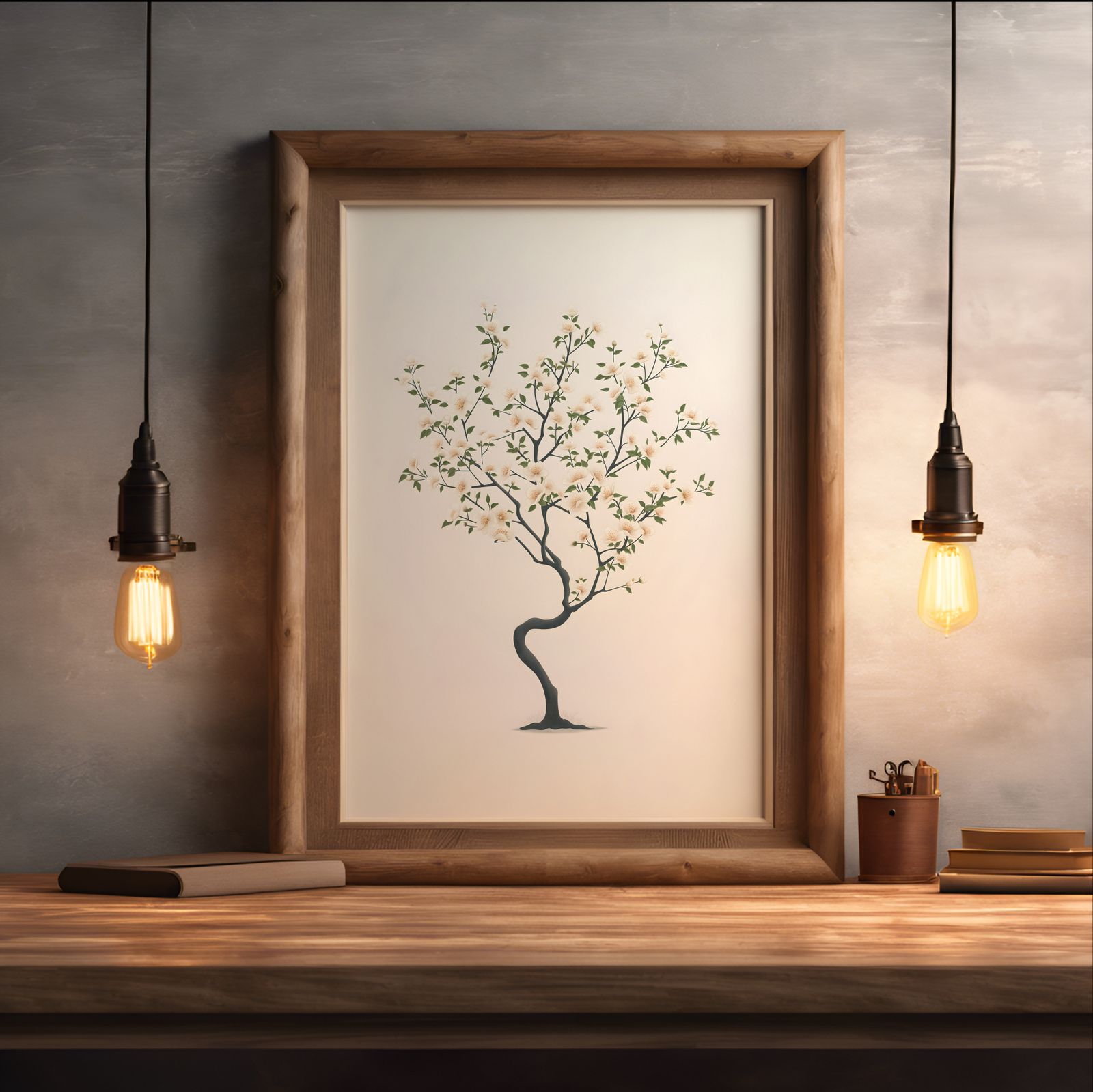 Charming Cherry Blossom Tree shown in a room — desk mockup
