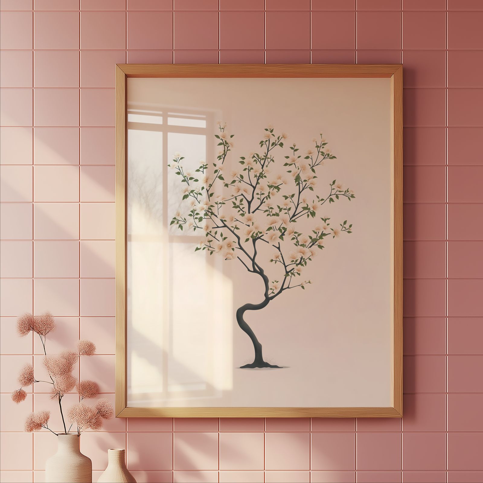 Charming Cherry Blossom Tree shown in a room — tile mockup