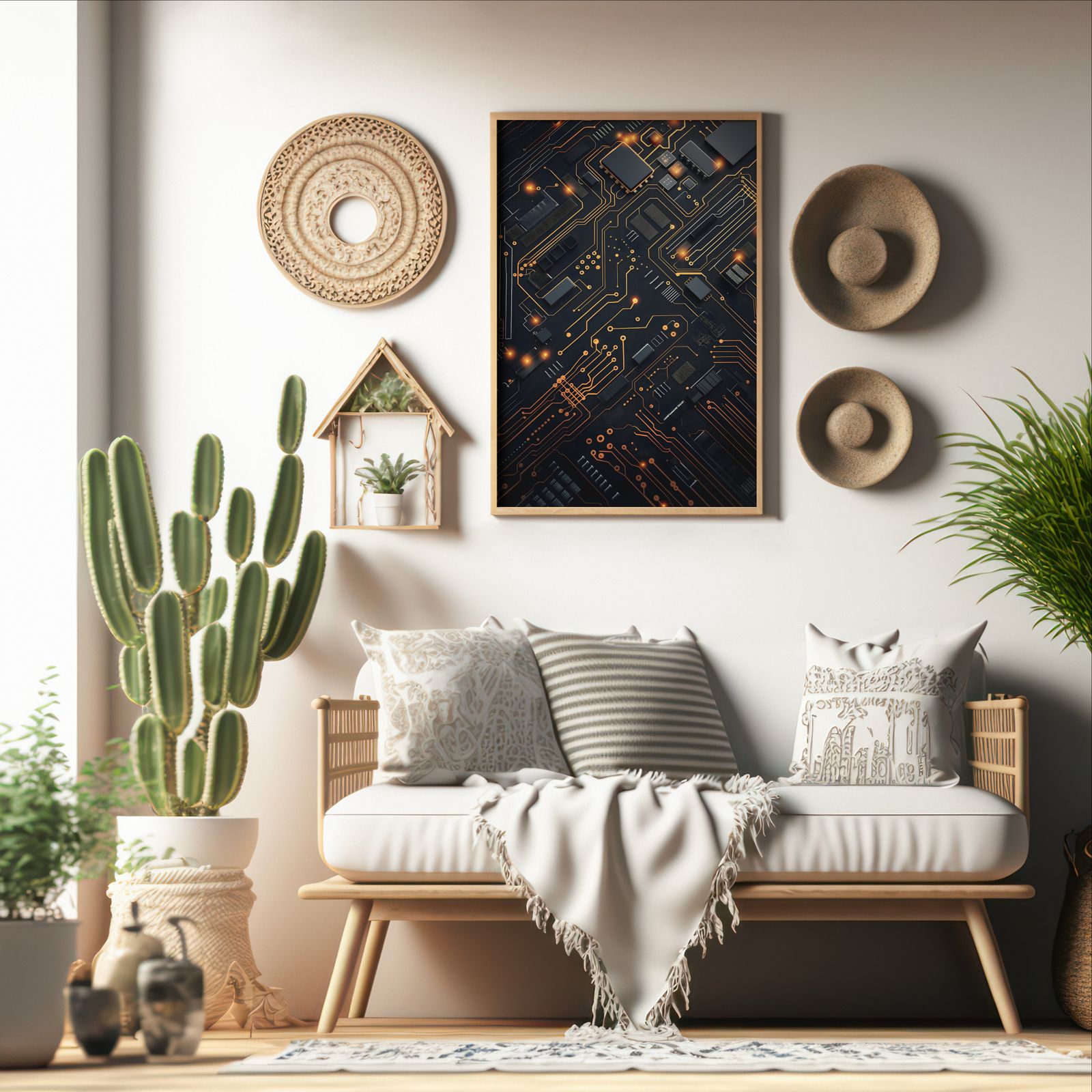 Circuit Board shown in a room — boho mockup
