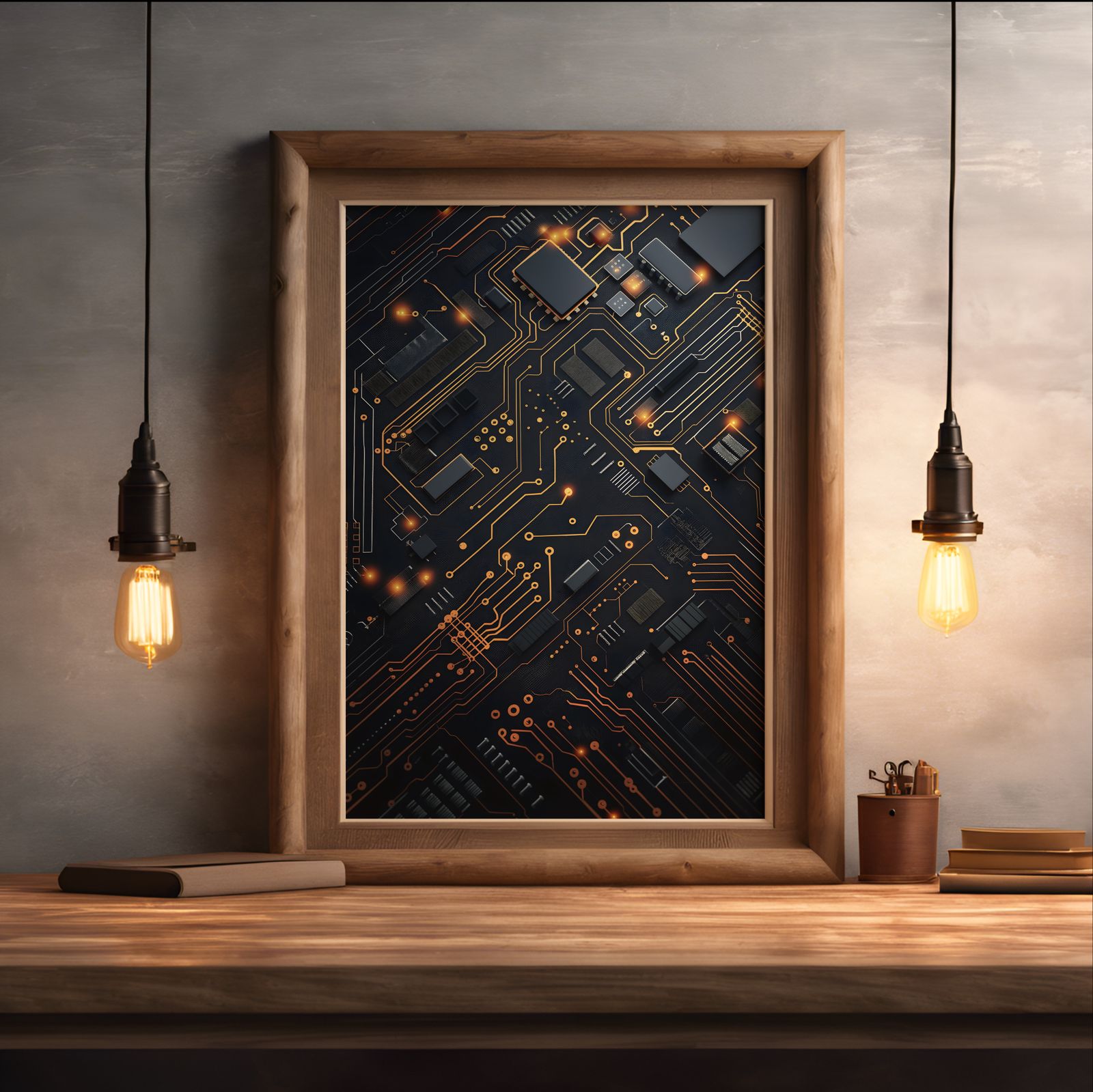 Circuit Board shown in a room — desk mockup