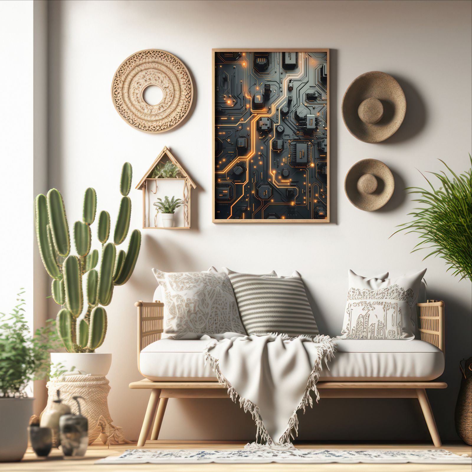 Circuits in Black and Orange shown in a room — boho mockup