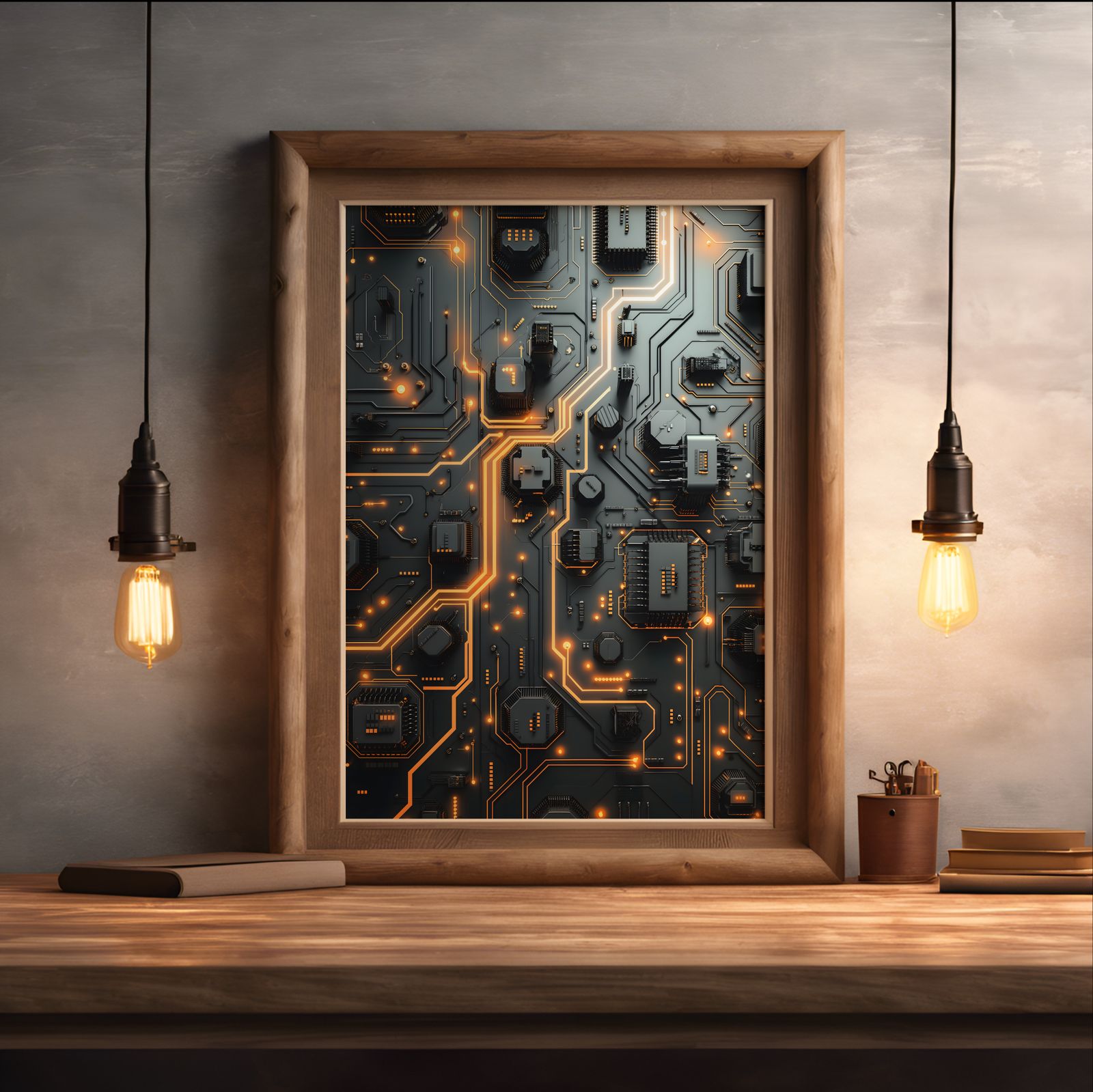 Circuits in Black and Orange shown in a room — desk mockup