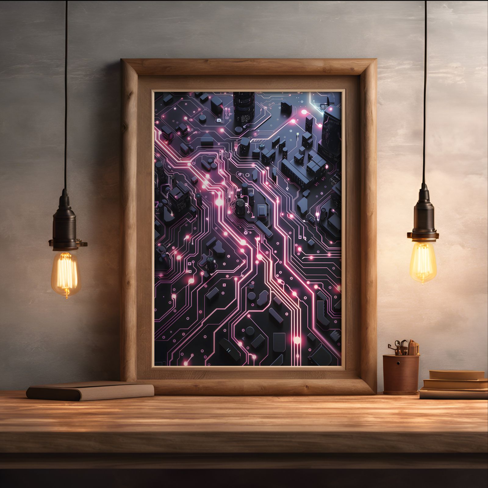 Circuits in Black and Pink shown in a room — desk mockup