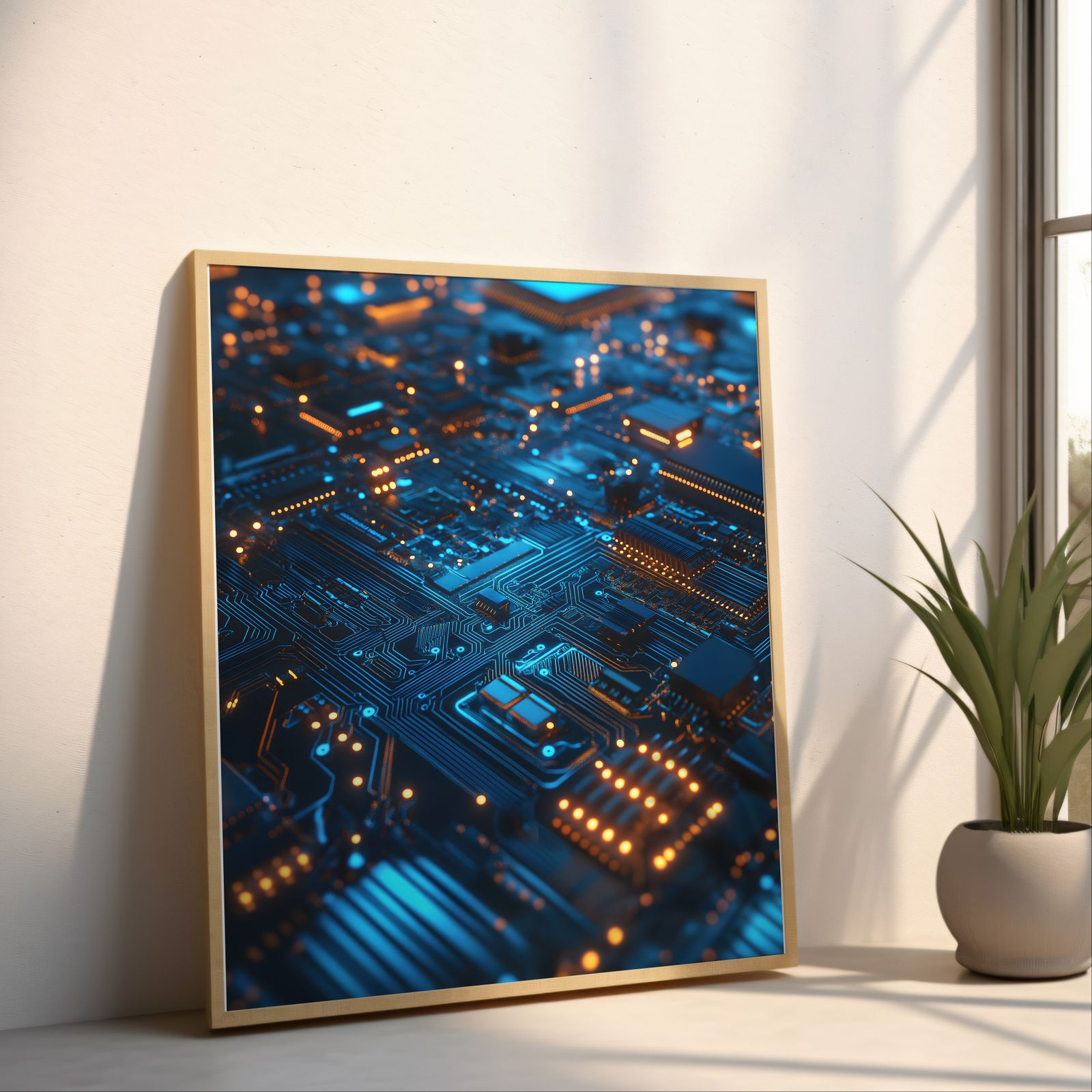 Circuits in Blue and Orange shown in a room — angled mockup