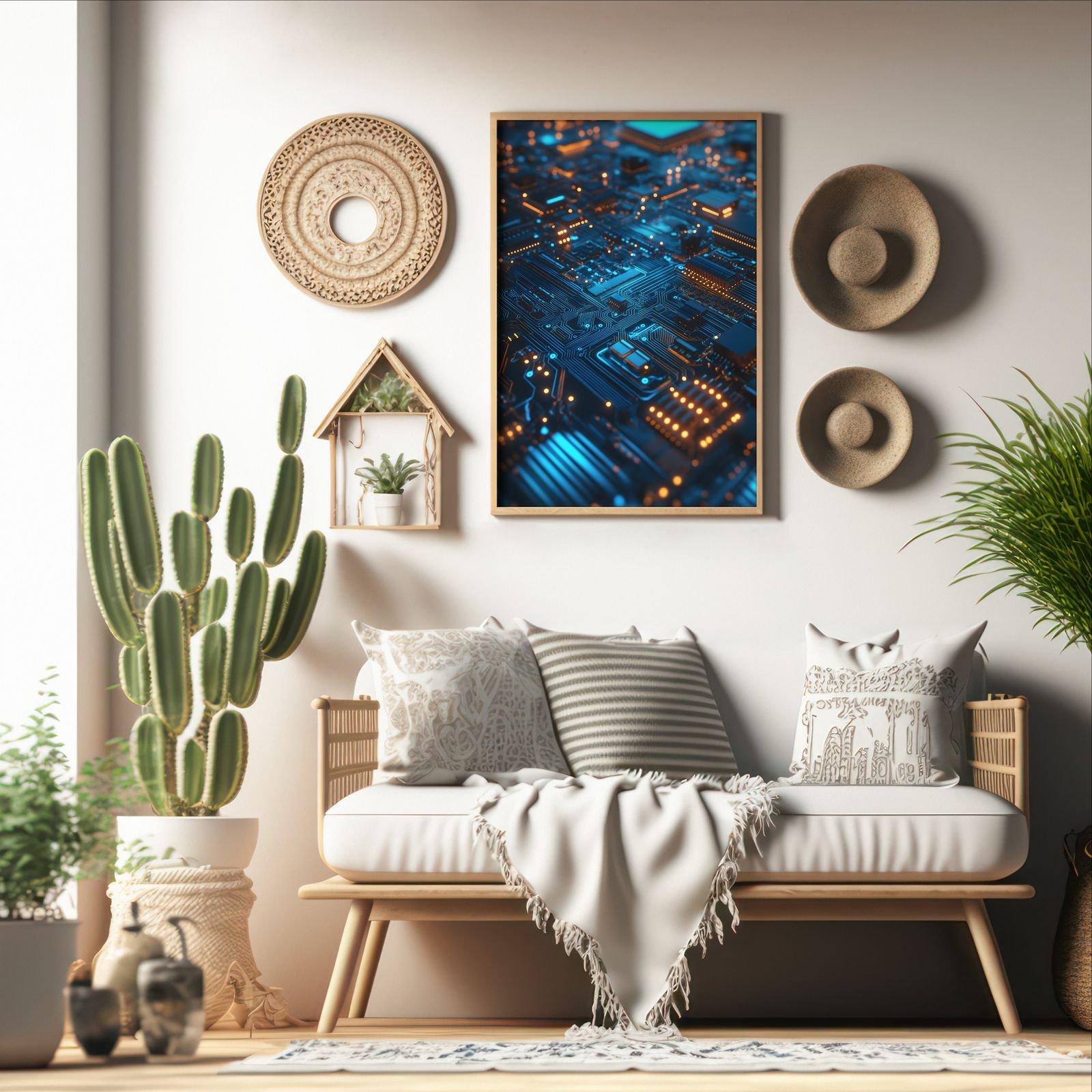 Circuits in Blue and Orange shown in a room — boho mockup