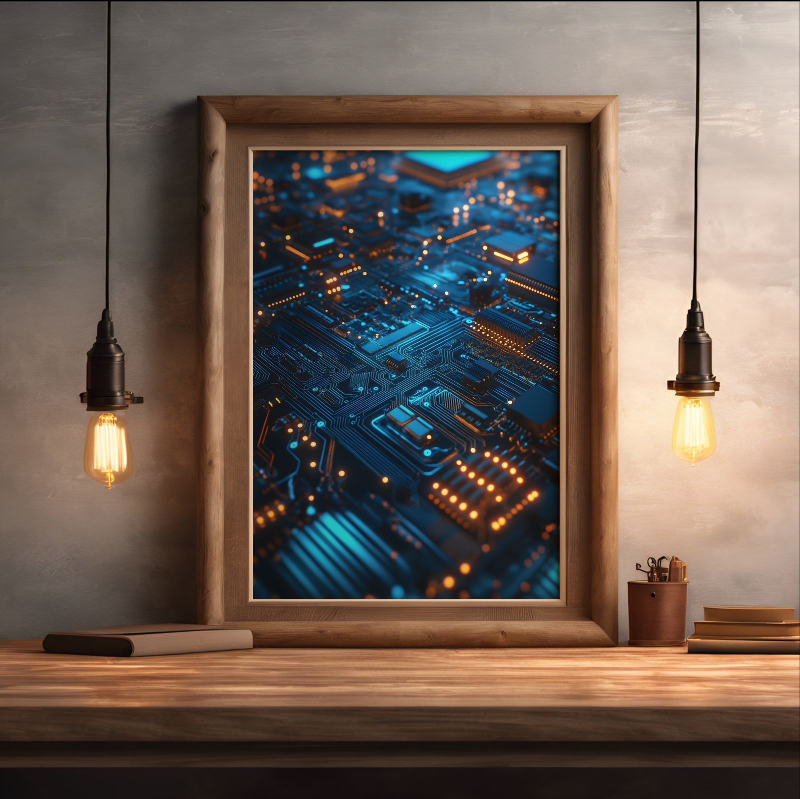 Circuits in Blue and Orange shown in a room — desk mockup