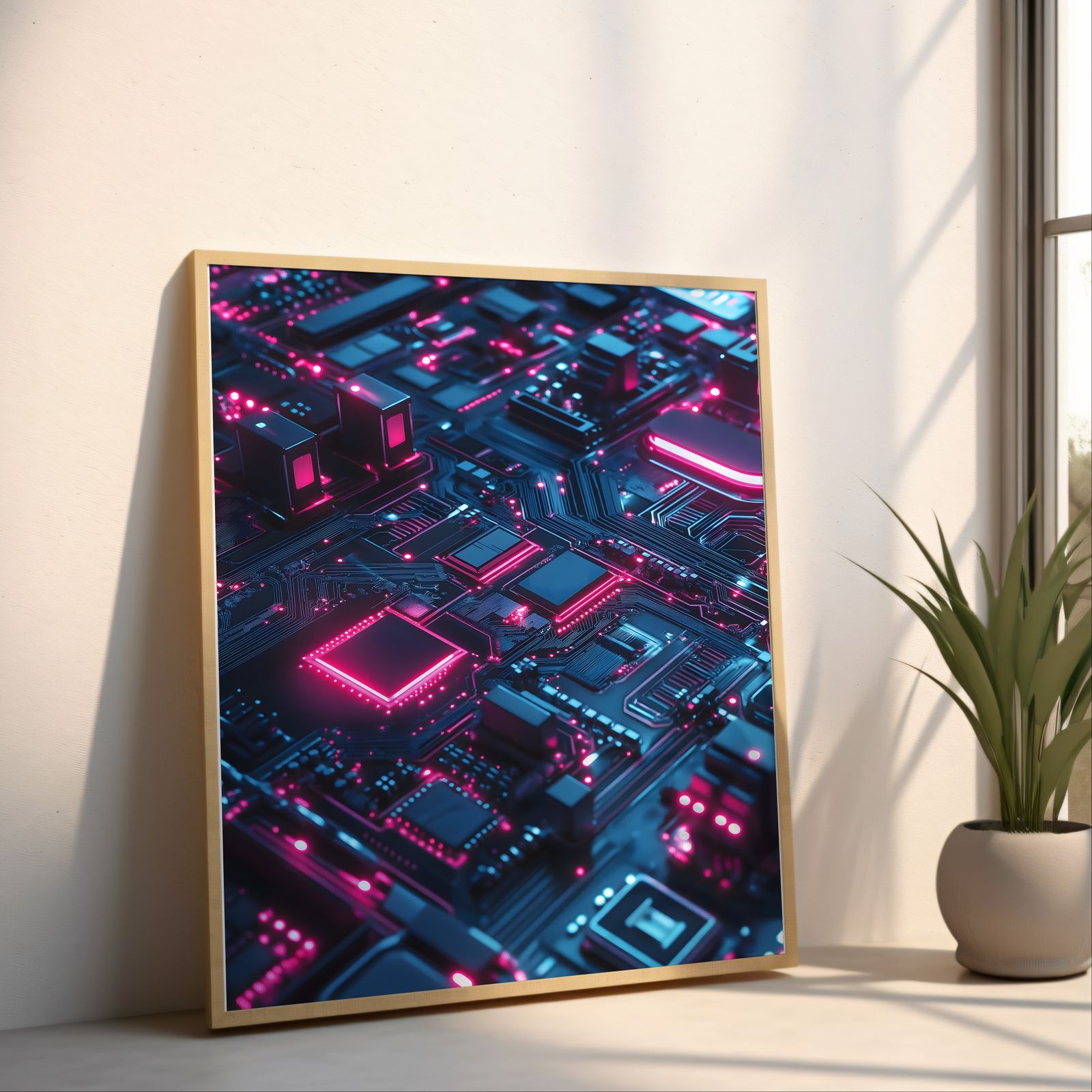 Circuits in Blue and Pink shown in a room — angled mockup