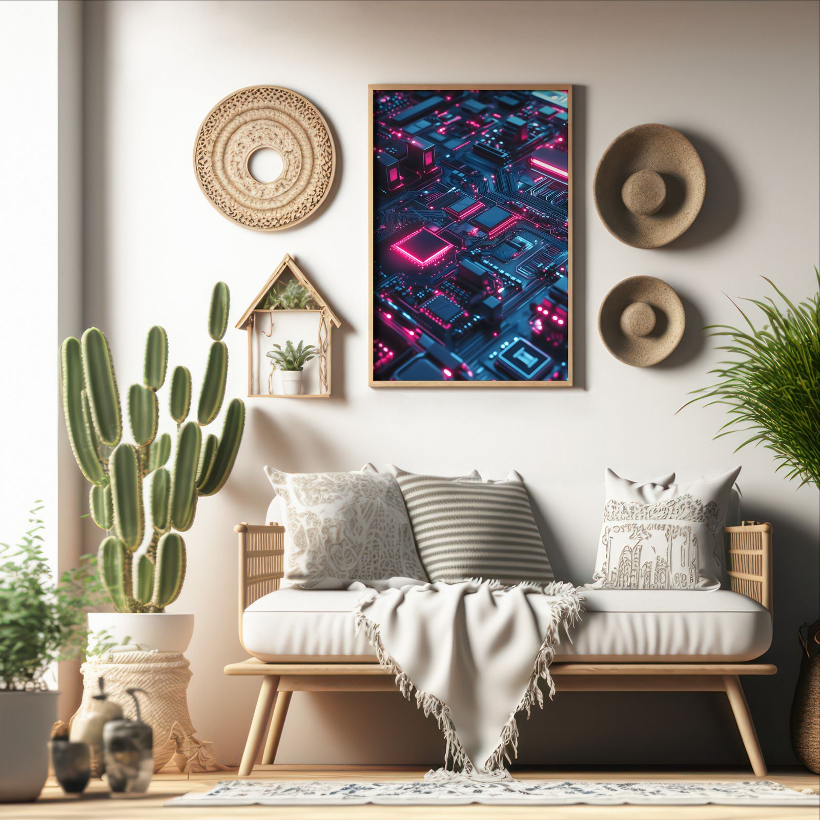 Circuits in Blue and Pink shown in a room — boho mockup