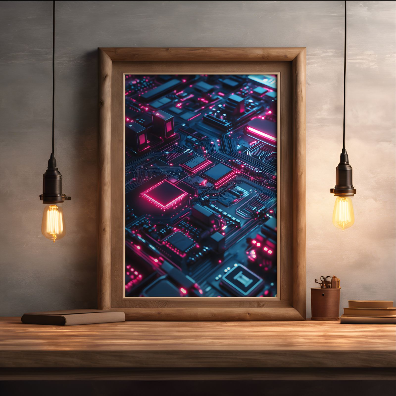Circuits in Blue and Pink shown in a room — desk mockup