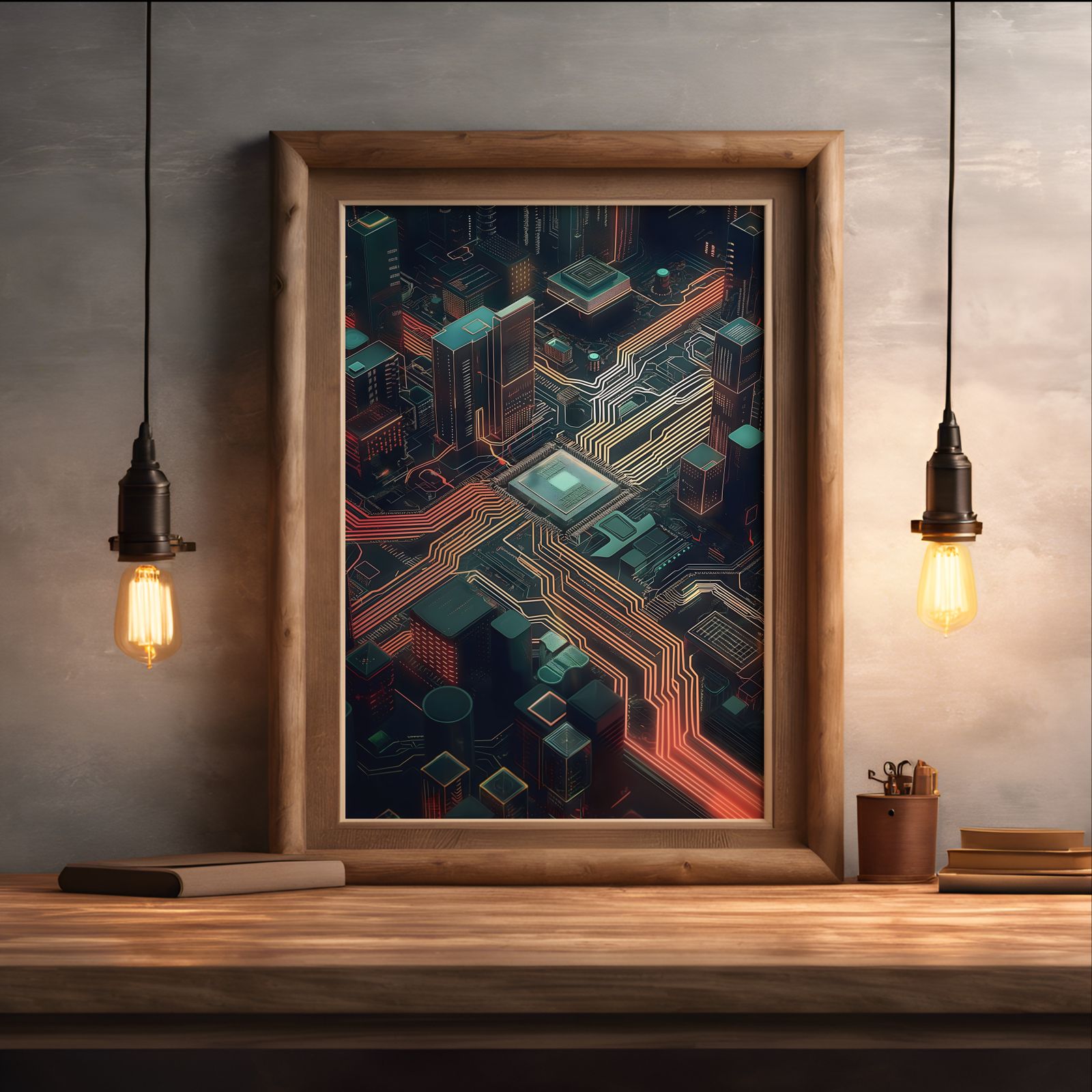 City of Circuits shown in a room — desk mockup