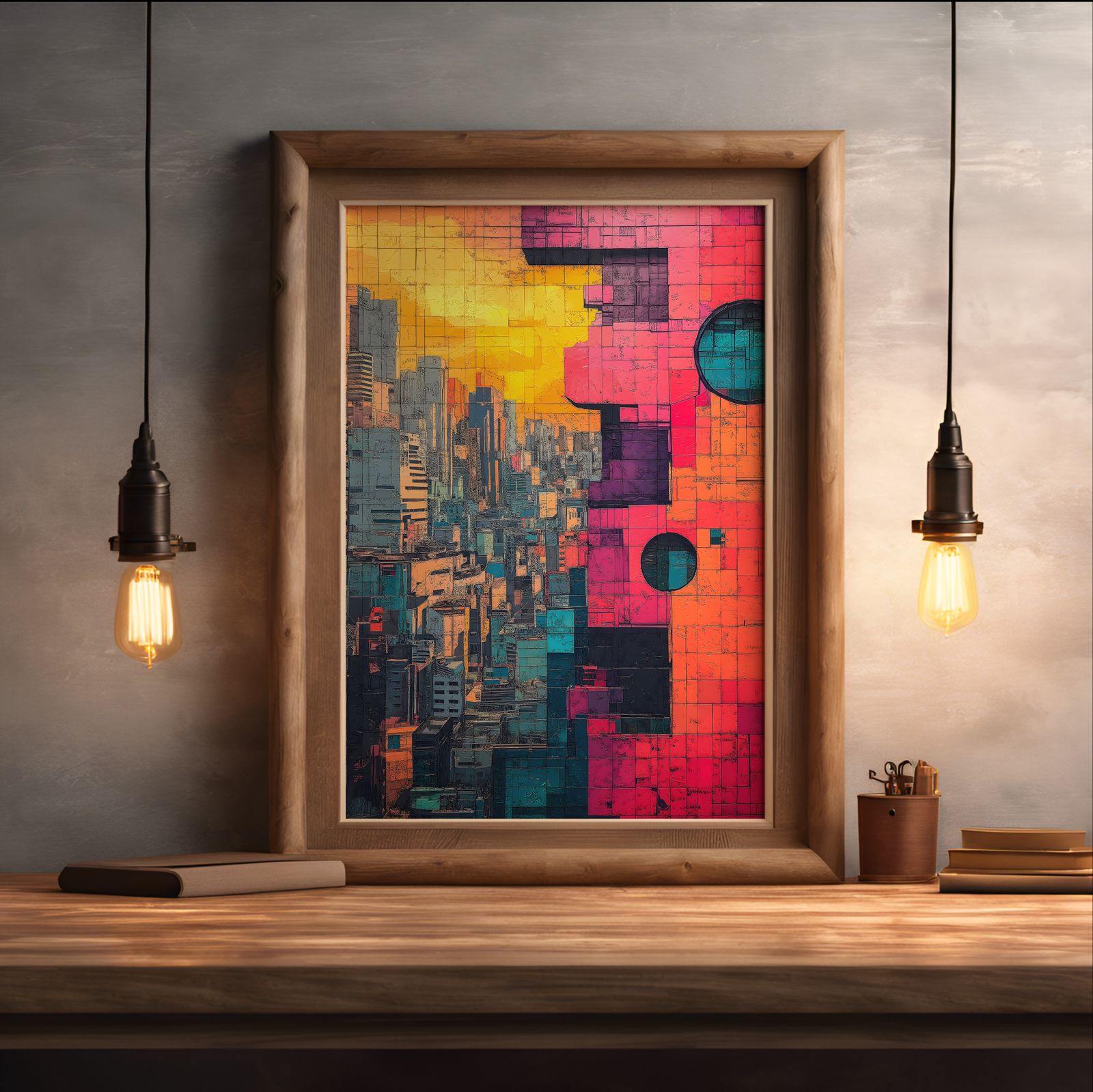 City Sunset shown in a room — desk mockup